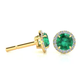 1 Carat Emerald Diamond Earrings with Halo in 14k Yellow Gold