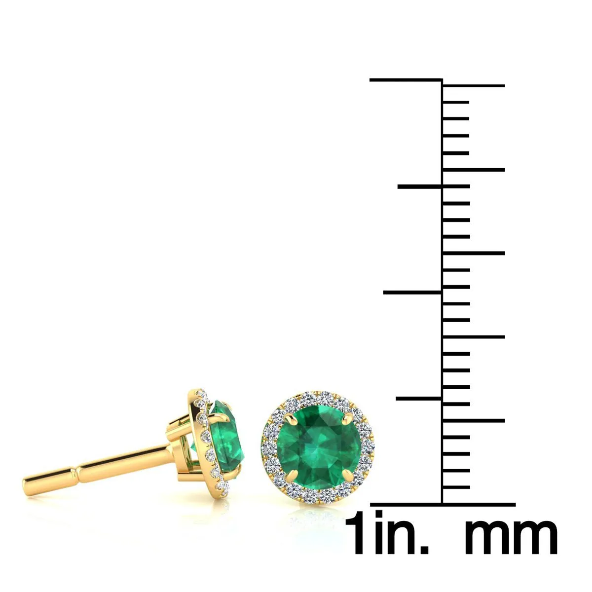 1 Carat Emerald Diamond Earrings with Halo in 14k Yellow Gold