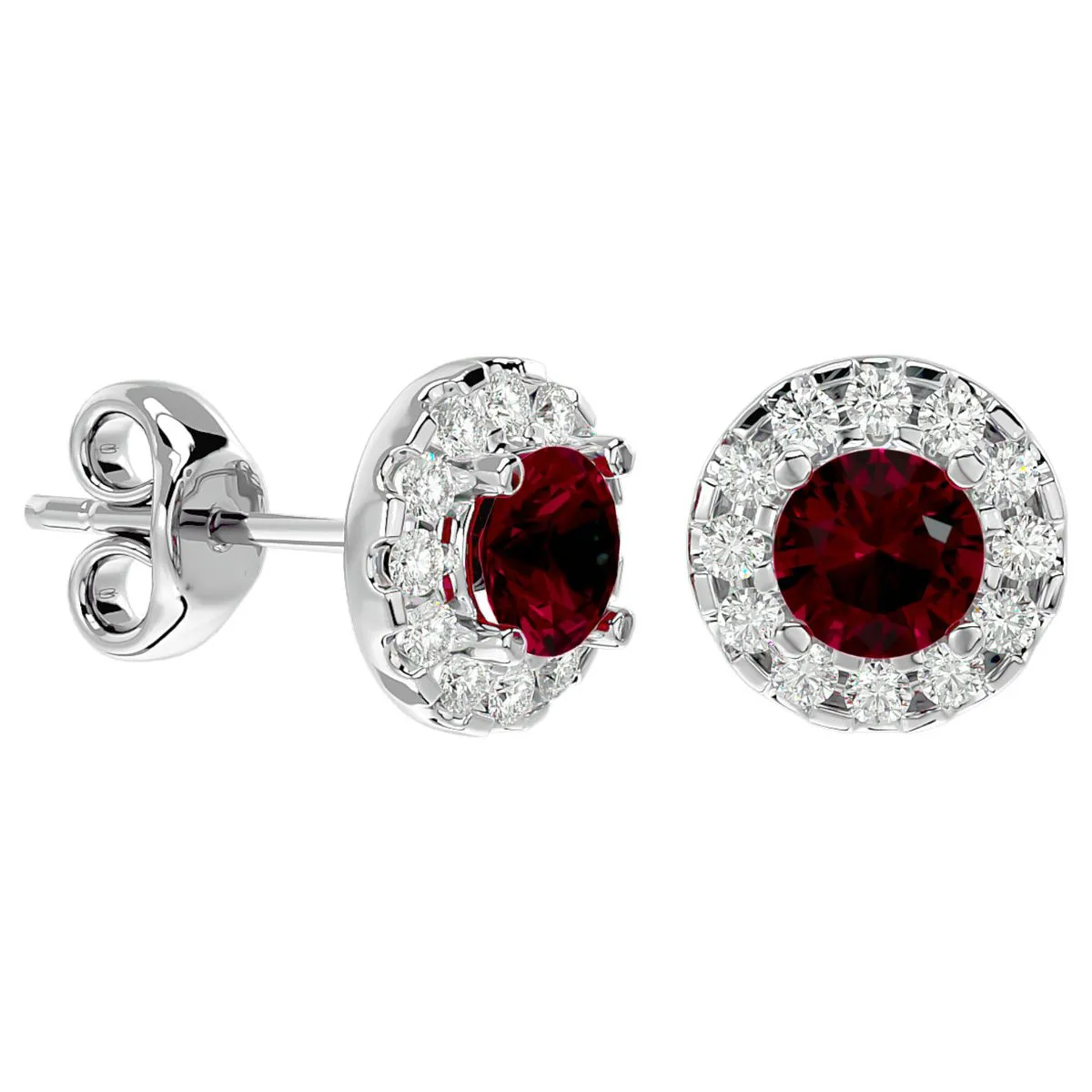 1 Carat Ruby and Diamond Stud Earrings with Halo in 14K White Gold