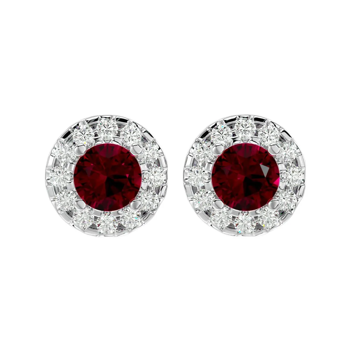 1 Carat Ruby and Diamond Stud Earrings with Halo in 14K White Gold