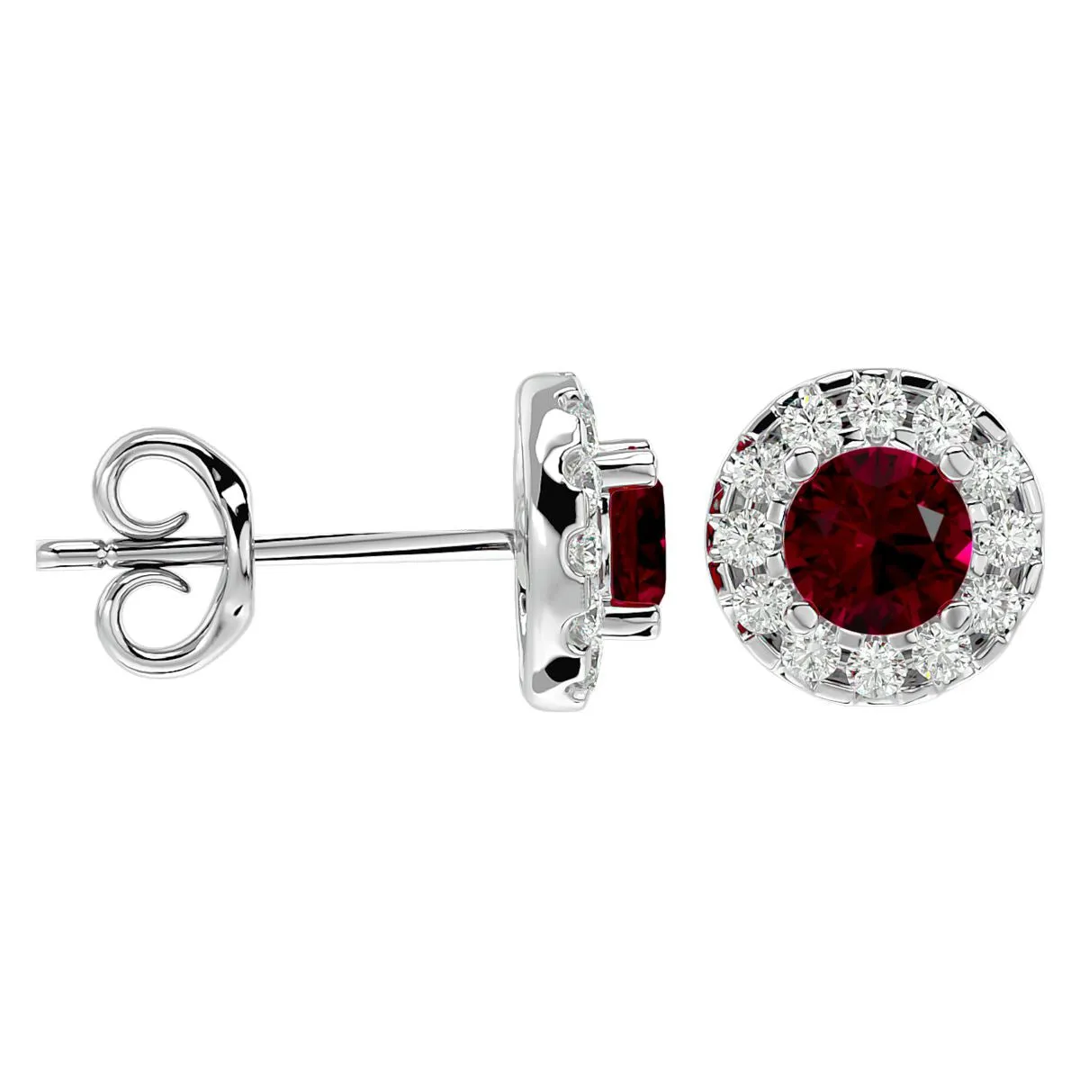 1 Carat Ruby and Diamond Stud Earrings with Halo in 14K White Gold