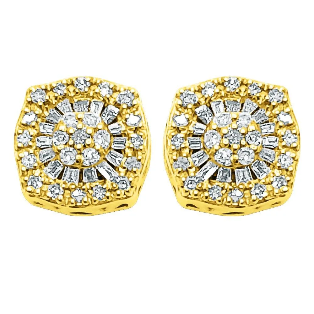 10K Yellow Gold Baguette Circle Cushion Diamond Earrings .38cttw