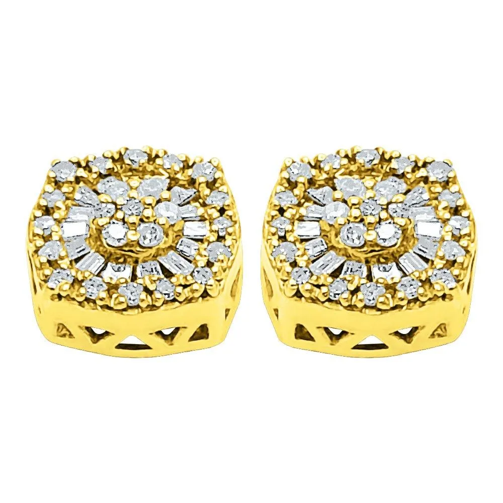 10K Yellow Gold Baguette Circle Cushion Diamond Earrings .38cttw