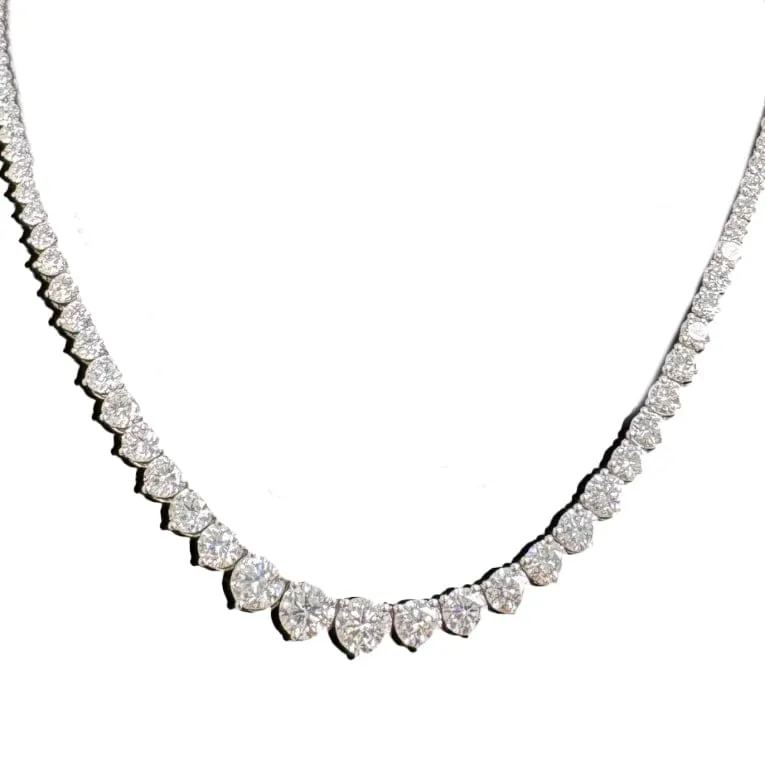 14K 18K Gold Diamond Tennis Necklace, Graduated 3-Prong Setting, Lab Grown Diamonds, 20 cts