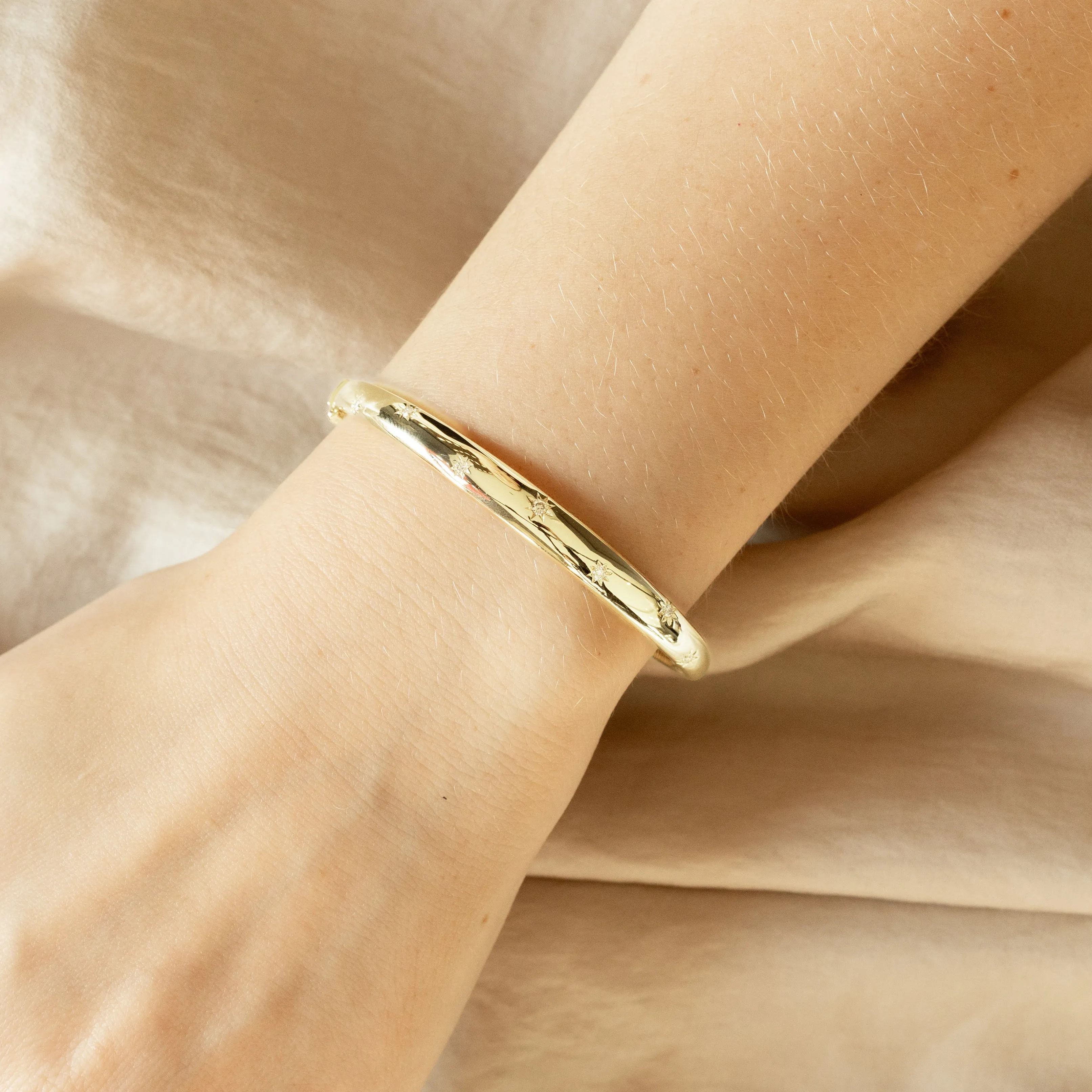 14K Gold Diamond Bangle - Yellow Starry Design