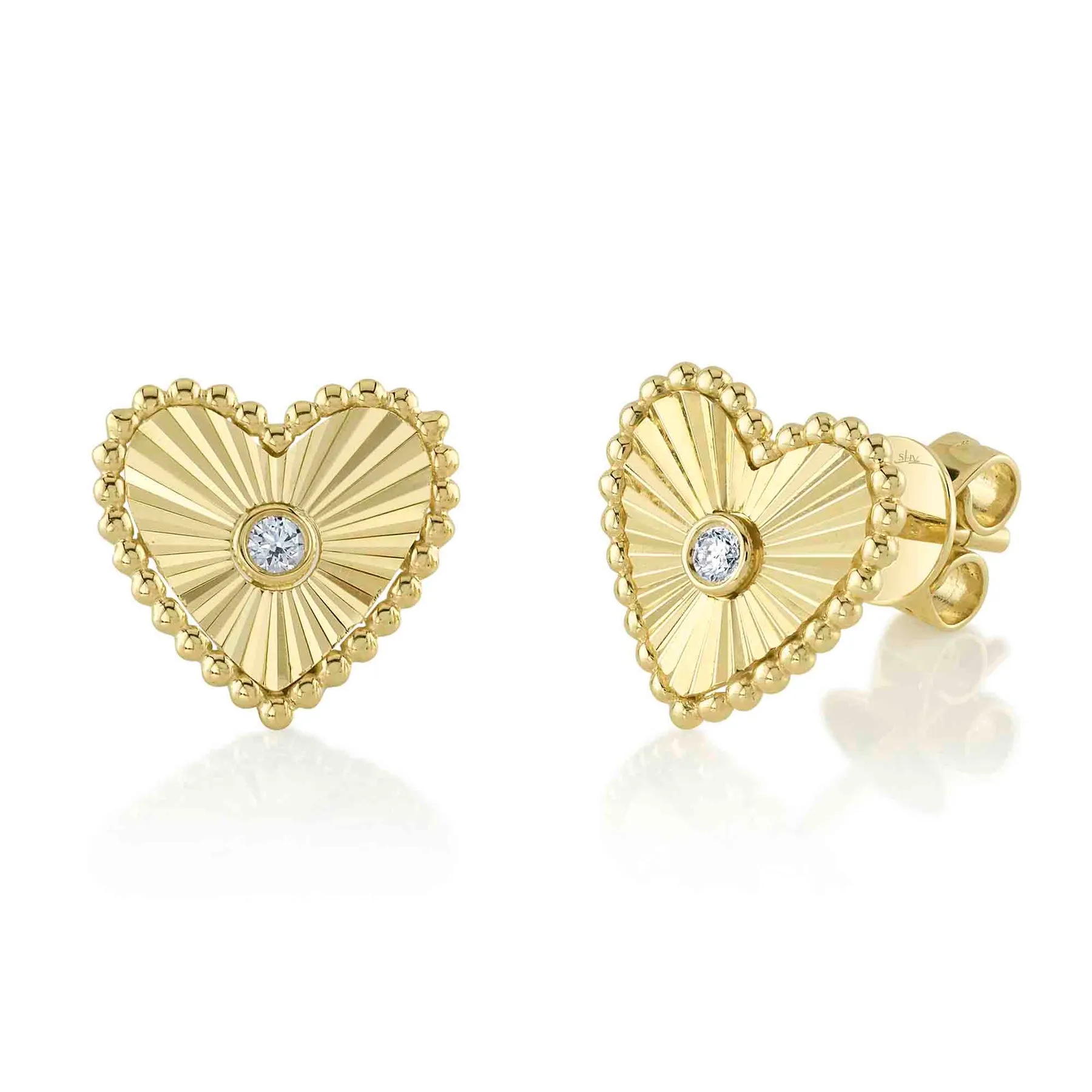 14K Gold Diamond Fluted Heart Stud Earrings