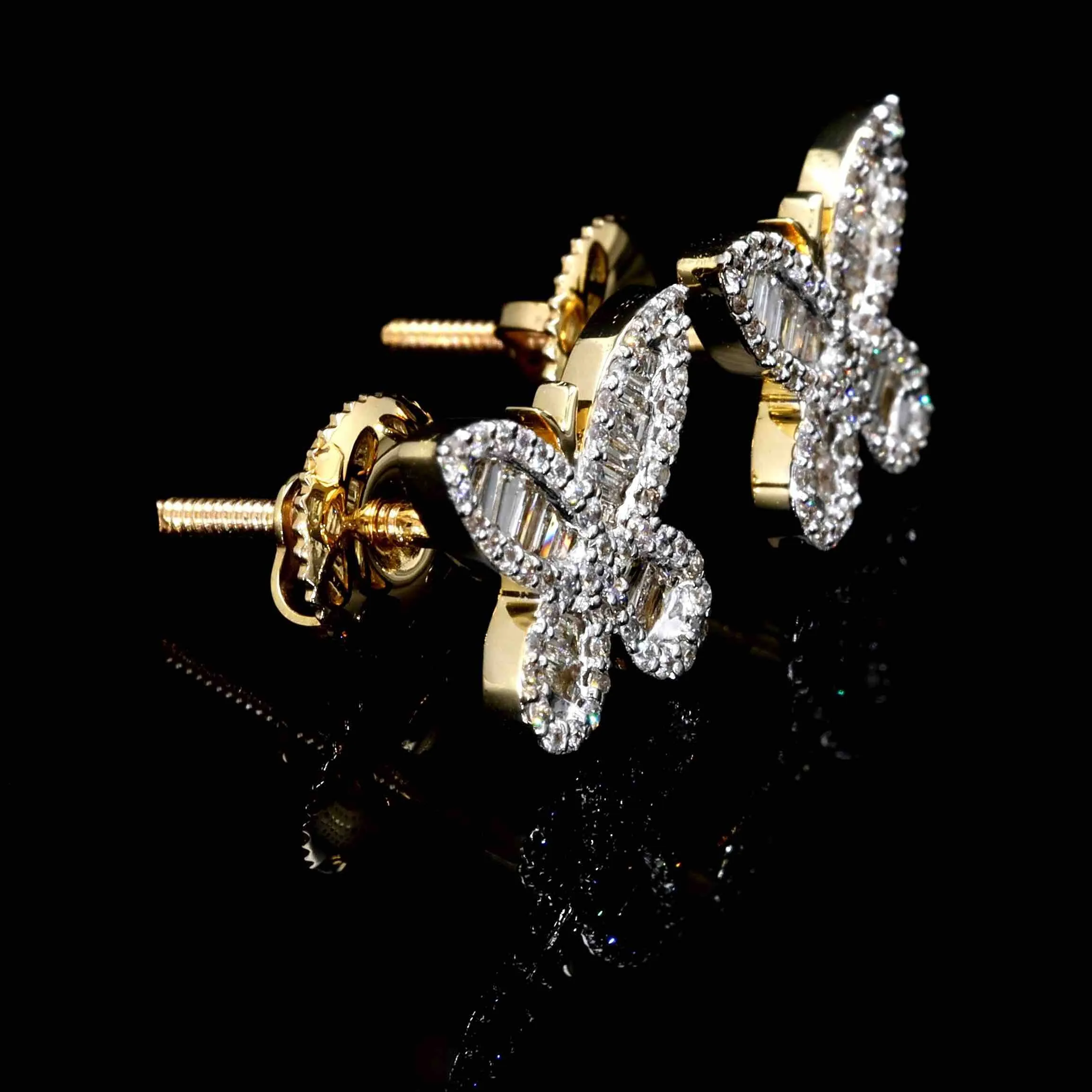 14K Solid Gold Butterfly Baguette Diamond Earrings