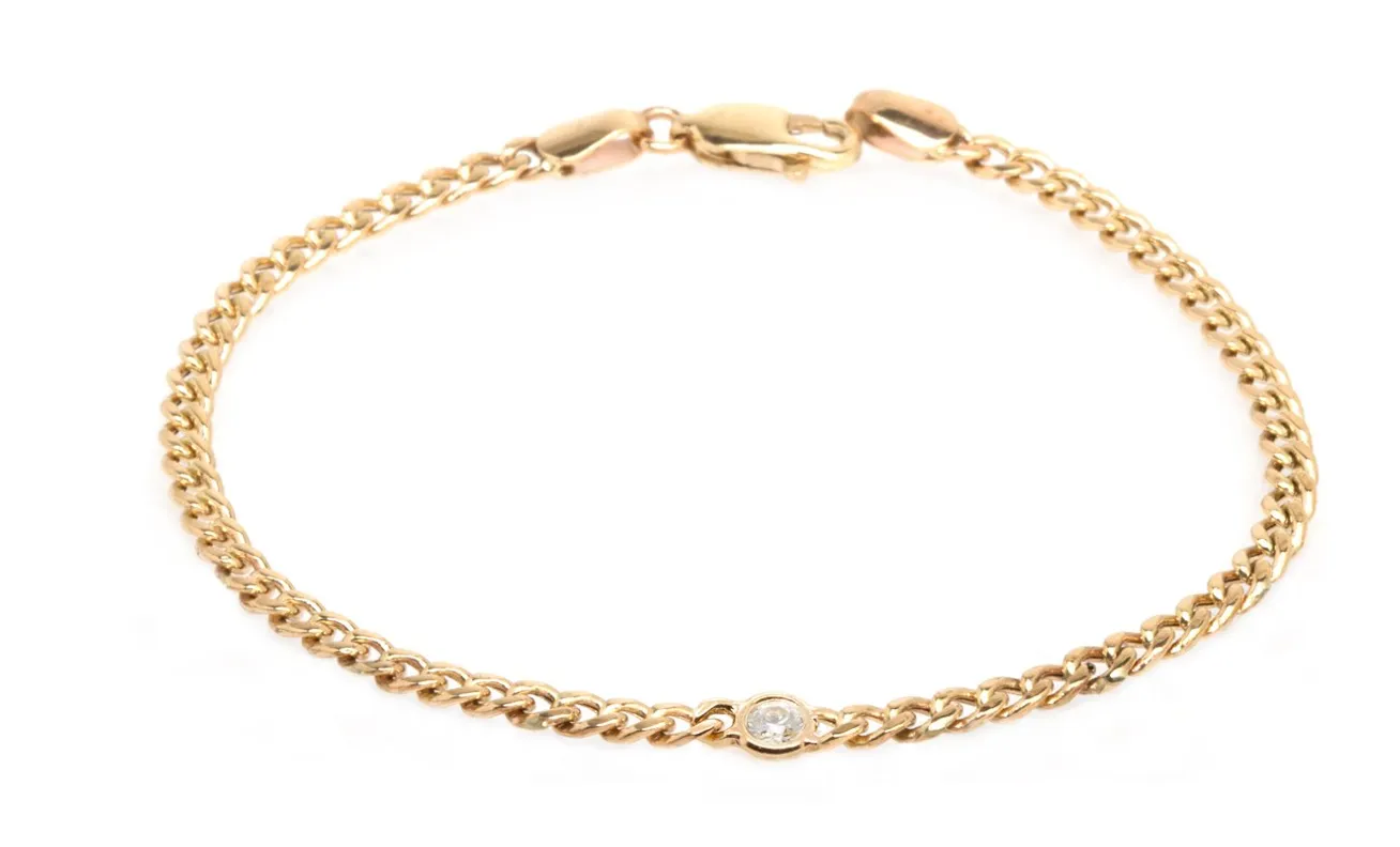 14kt Gold Small Curb Chain Bracelet White Diamond Floating