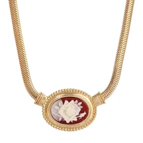 1928 Jewelry Oval Ivory Flower Carnelian Red Cameo Snake Chain Pendant Necklace 16 + 3 Extender