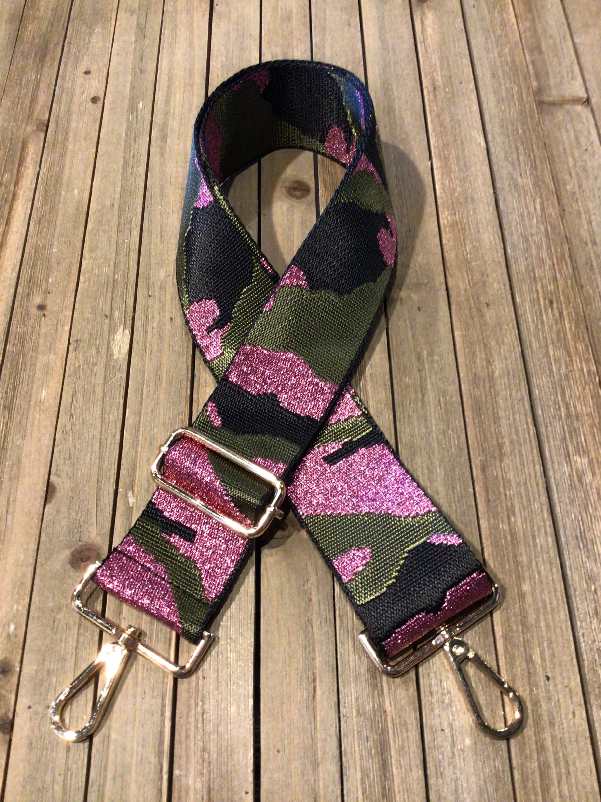 2 Embroidered Bag Straps - Metallic Hot Pink, Black, Olive Green Camo | Adjustable