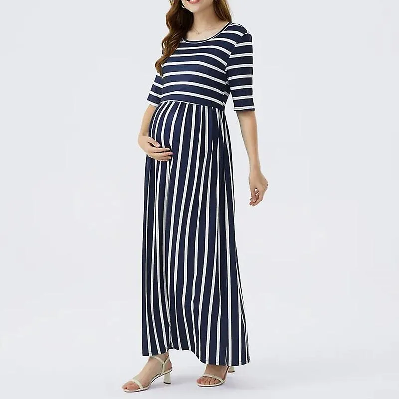 2022 Maternity Dresses - O-neck Long Sleeve, Fashion Stripe Print, Nursing Long Dress Skirts