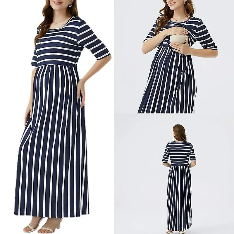 2022 Maternity Dresses - O-neck Long Sleeve, Fashion Stripe Print, Nursing Long Dress Skirts