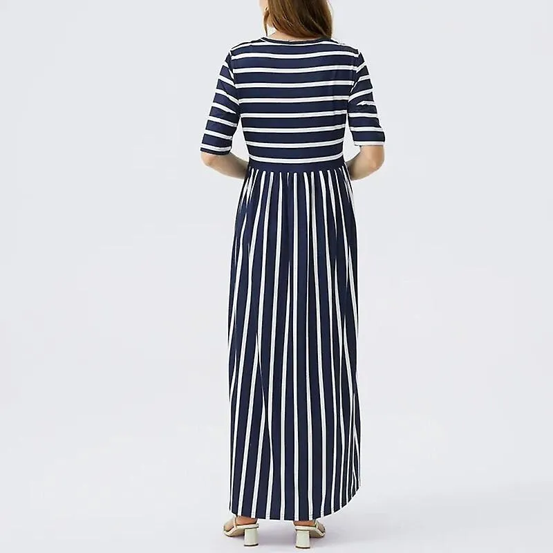 2022 Maternity Dresses - O-neck Long Sleeve, Fashion Stripe Print, Nursing Long Dress Skirts