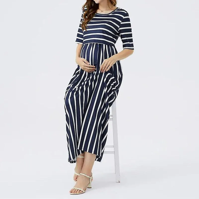 2022 Maternity Dresses - O-neck Long Sleeve, Fashion Stripe Print, Nursing Long Dress Skirts