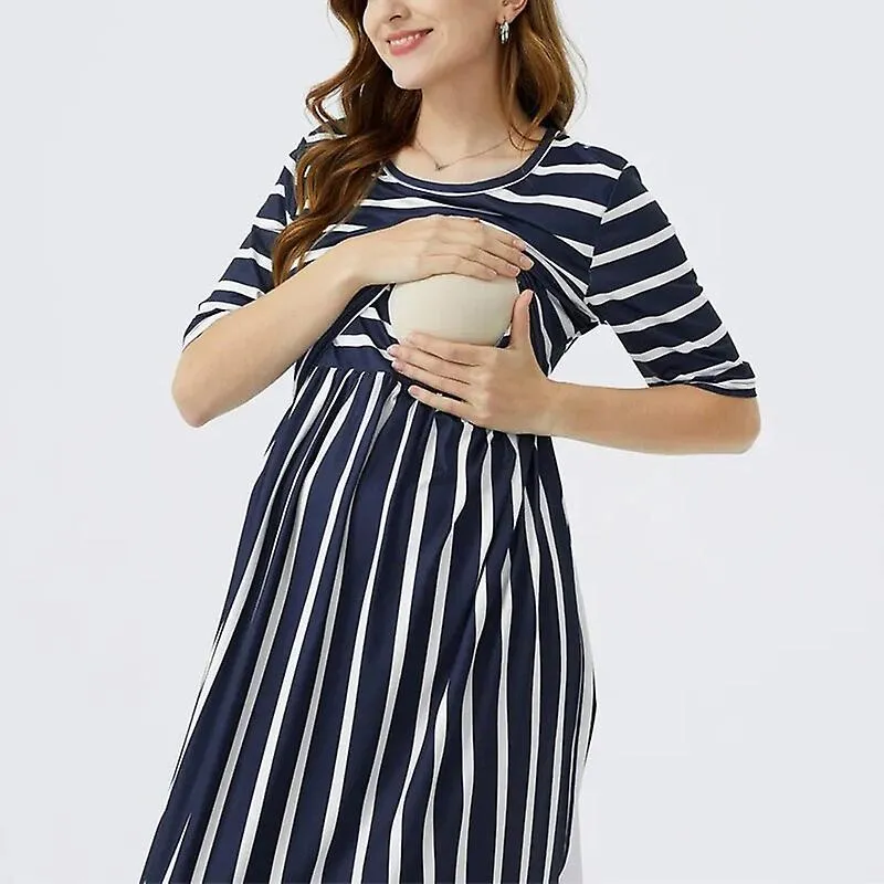 2022 Maternity Dresses - O-neck Long Sleeve, Fashion Stripe Print, Nursing Long Dress Skirts