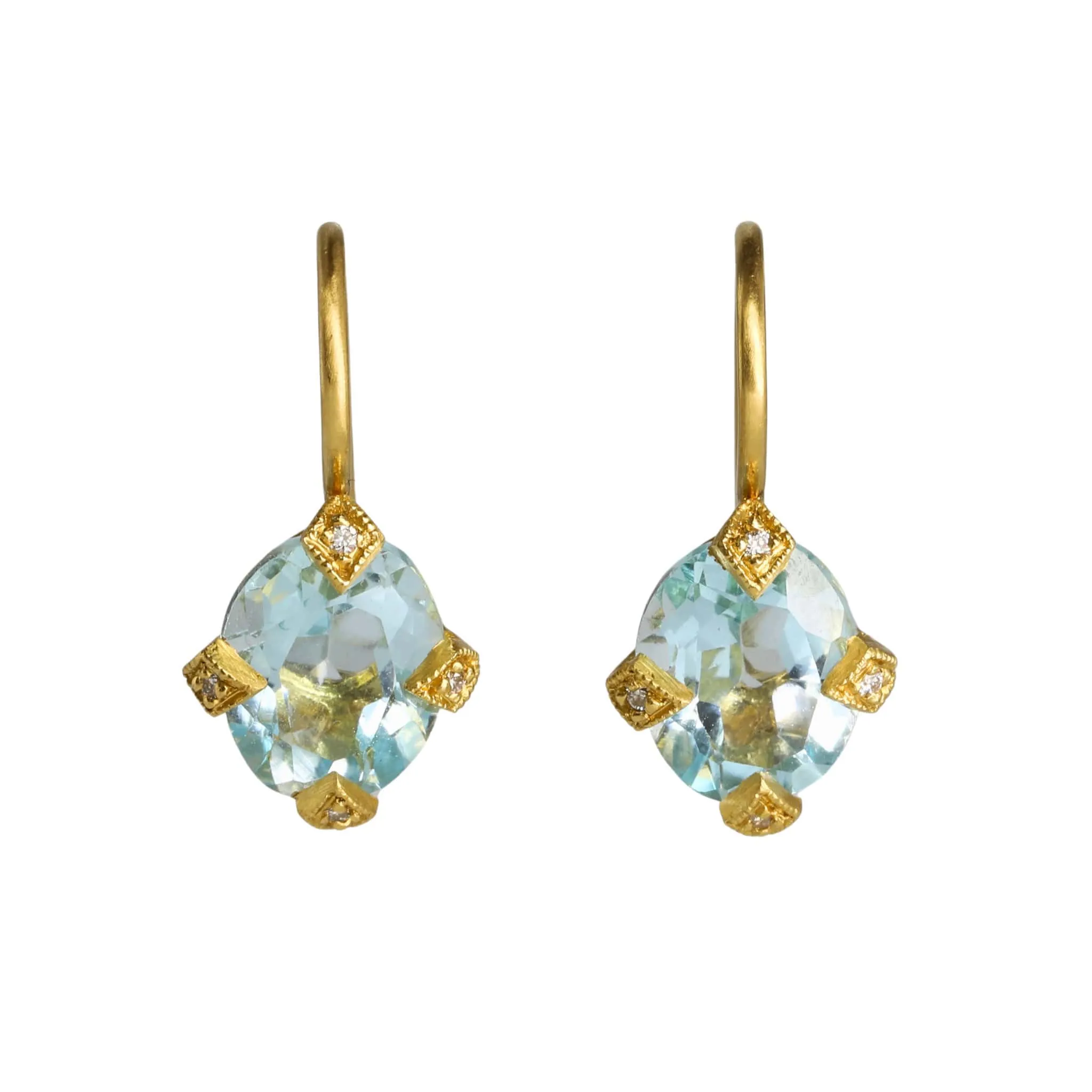 22K Gold Antique Oval Sky Blue Topaz Earrings - Prong-Set