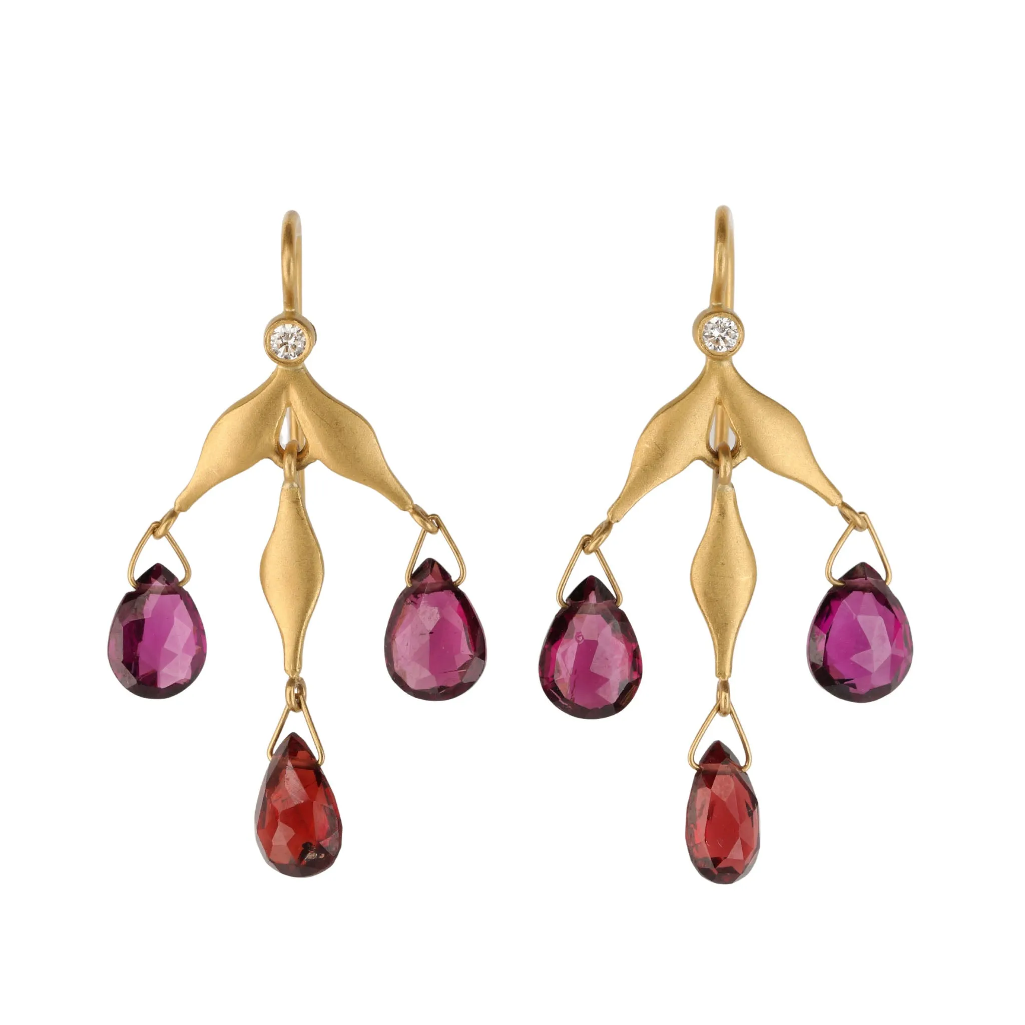 22K Gold Wheat Earrings with Garnet Drops