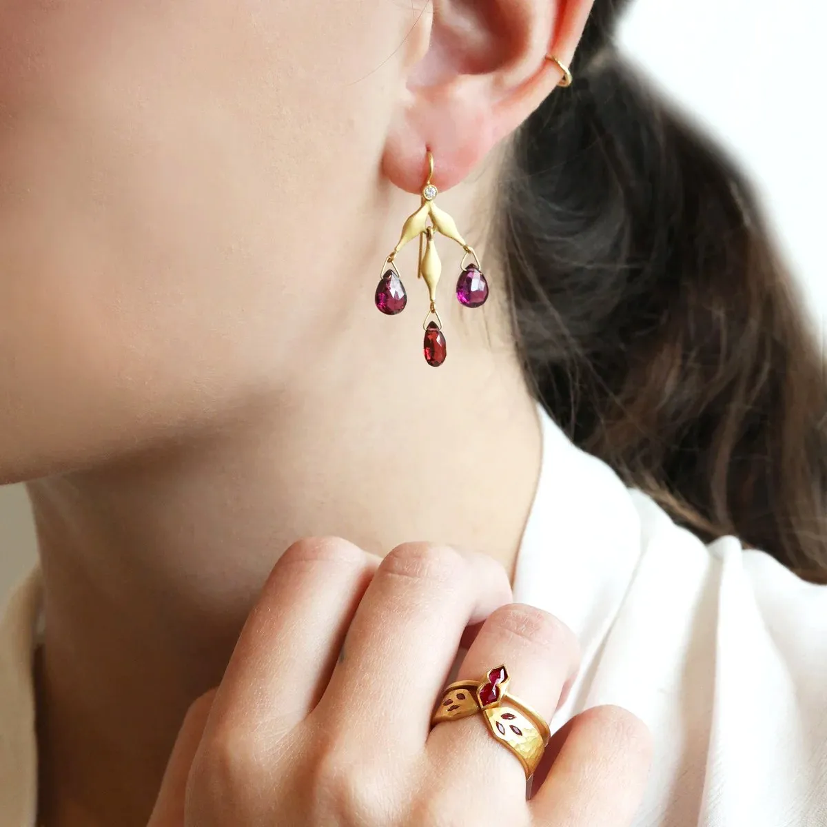 22K Gold Wheat Earrings with Garnet Drops