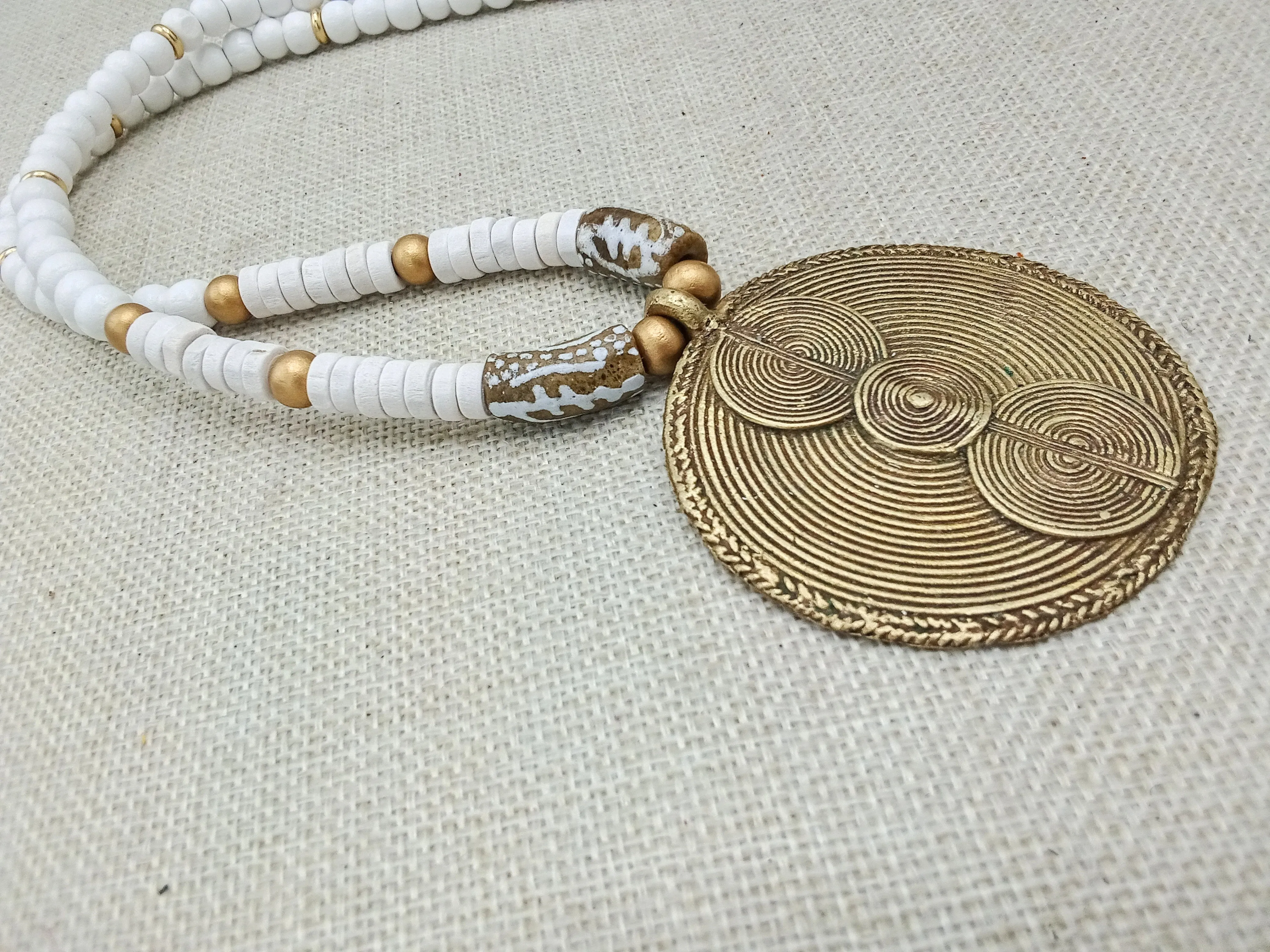 African Ethnic Necklaces Brass White Beaded Jewelry Gold Handmade Gift Statement Afrocentric