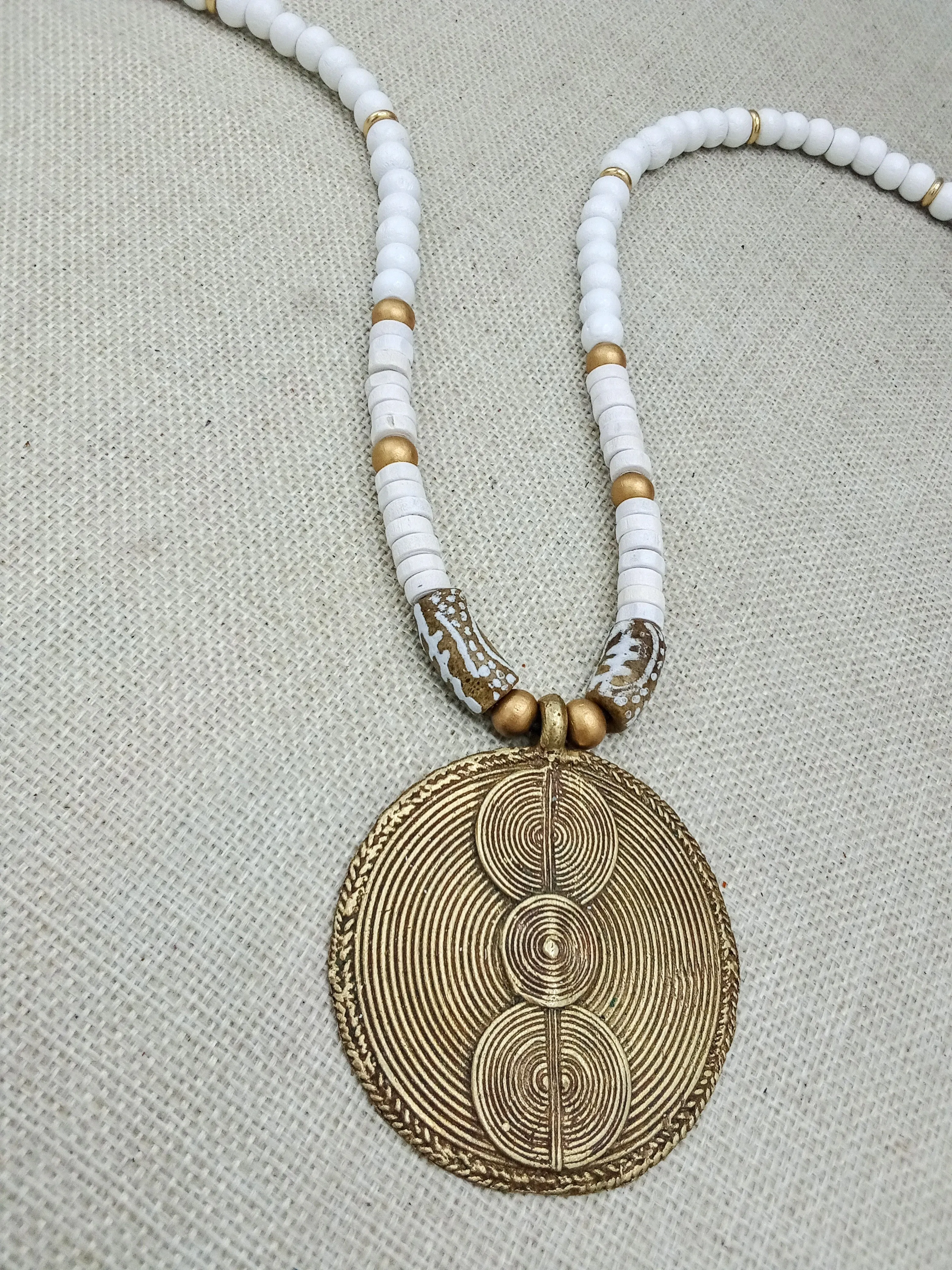 African Ethnic Necklaces Brass White Beaded Jewelry Gold Handmade Gift Statement Afrocentric