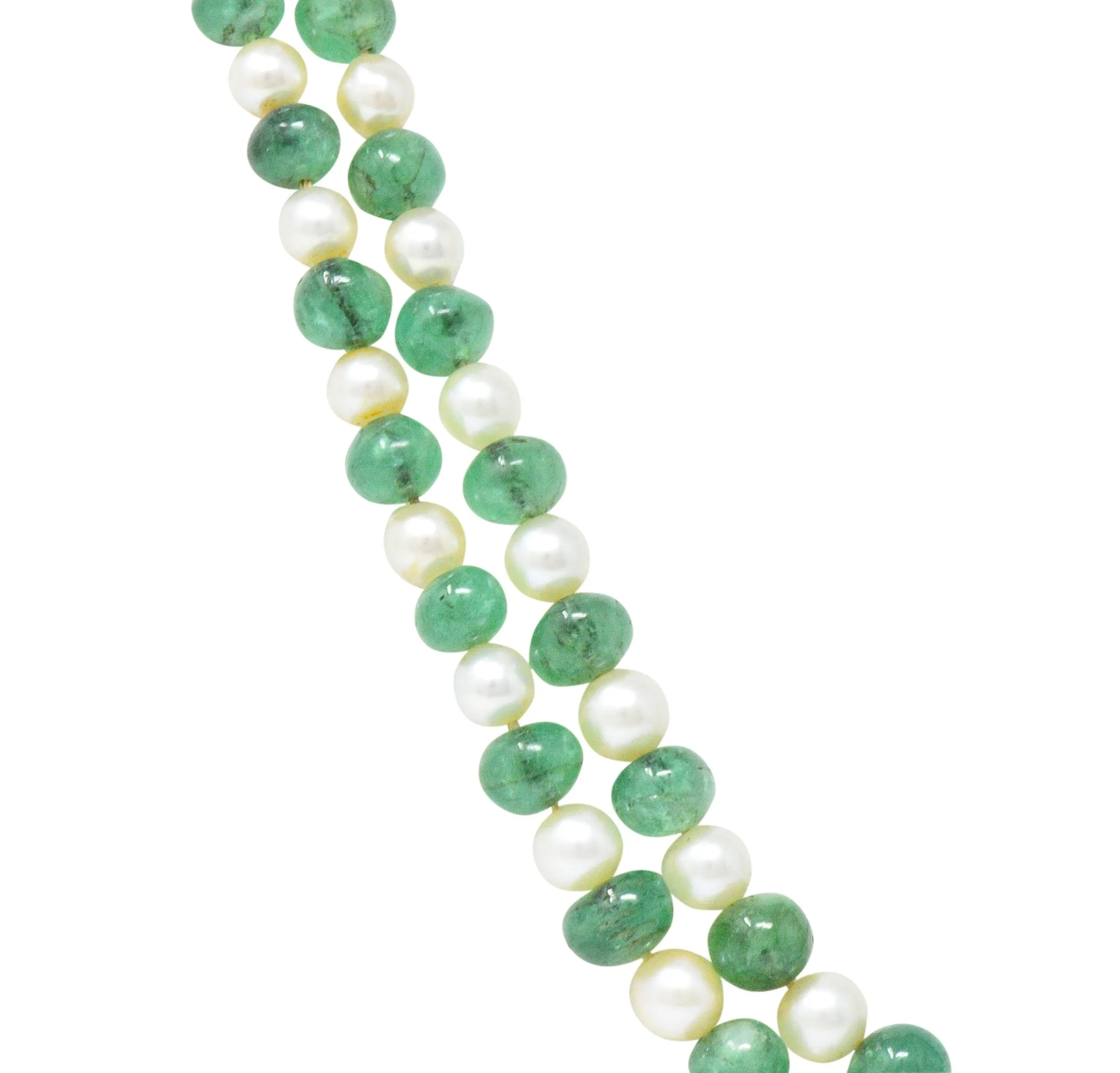 Art deco French necklace platinum emerald pearl double strand.