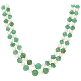 Art deco French necklace platinum emerald pearl double strand.