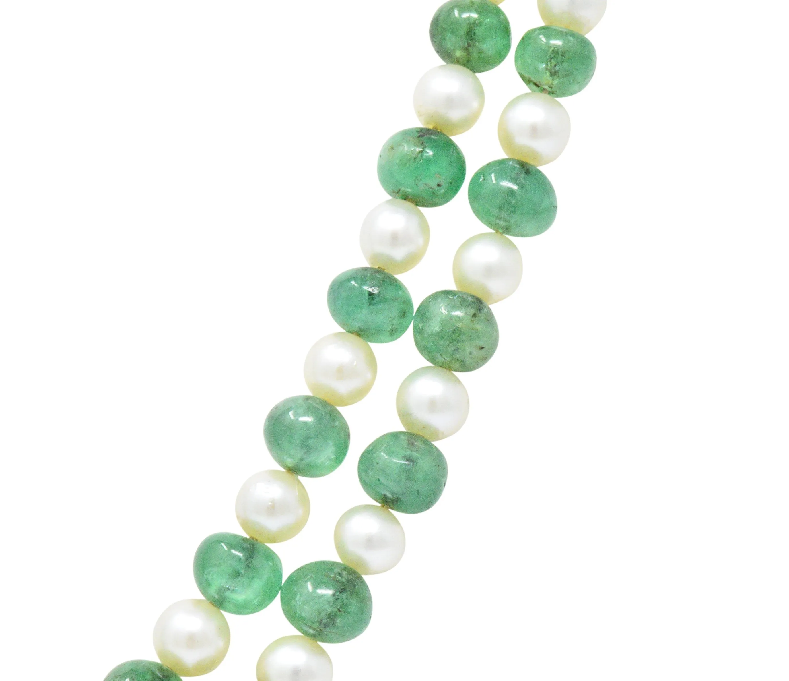 Art deco French necklace platinum emerald pearl double strand.