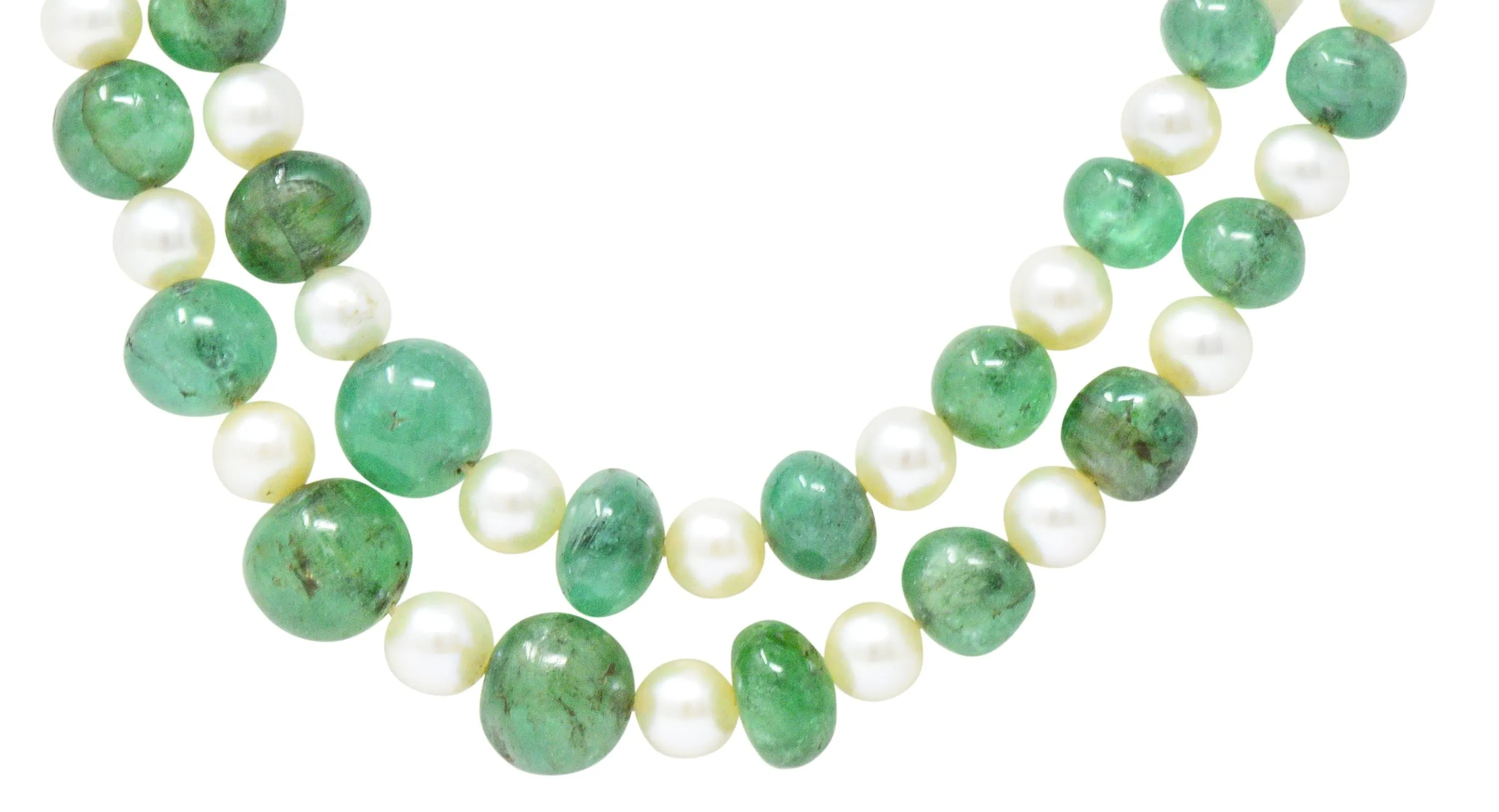 Art deco French necklace platinum emerald pearl double strand.