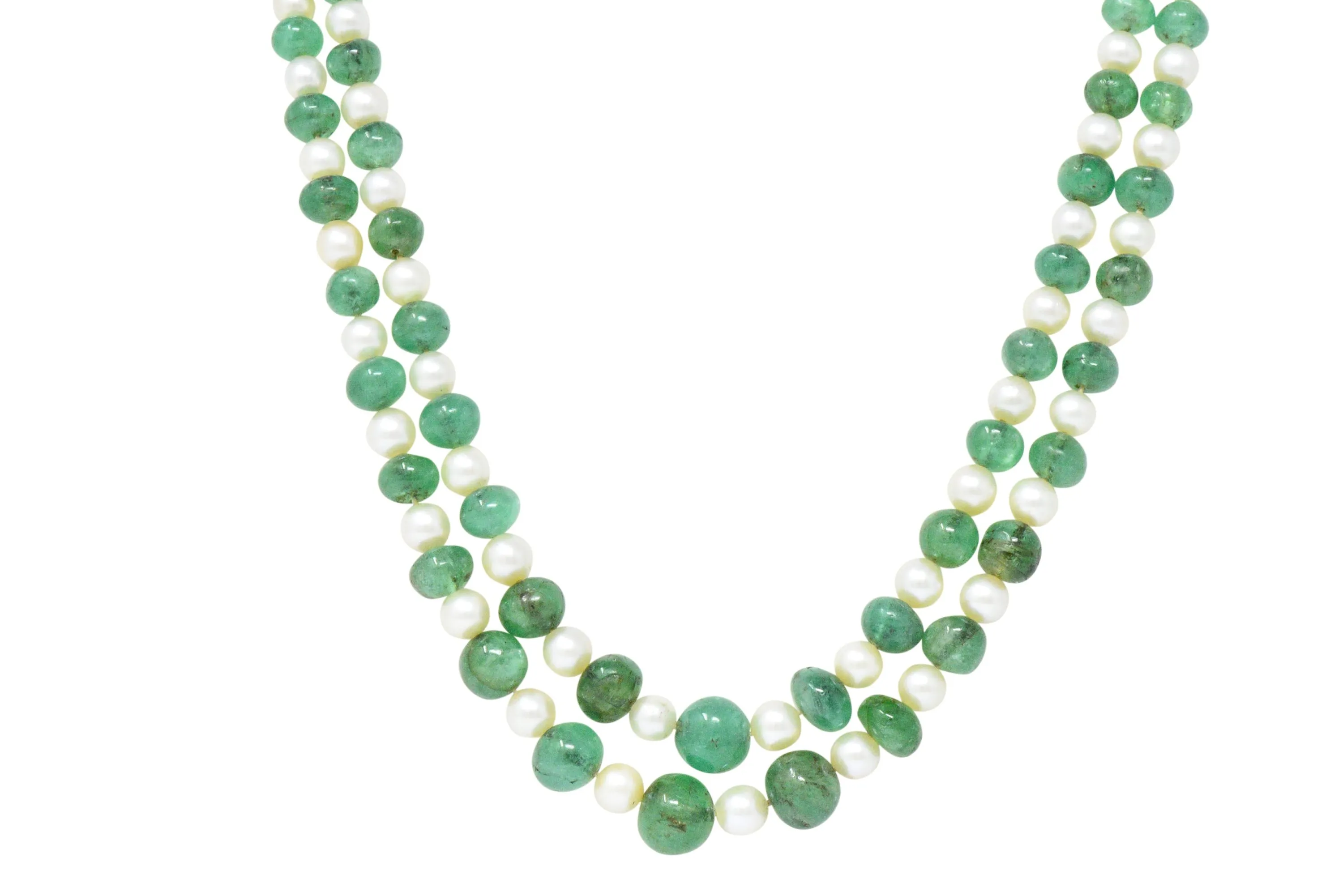 Art deco French necklace platinum emerald pearl double strand.