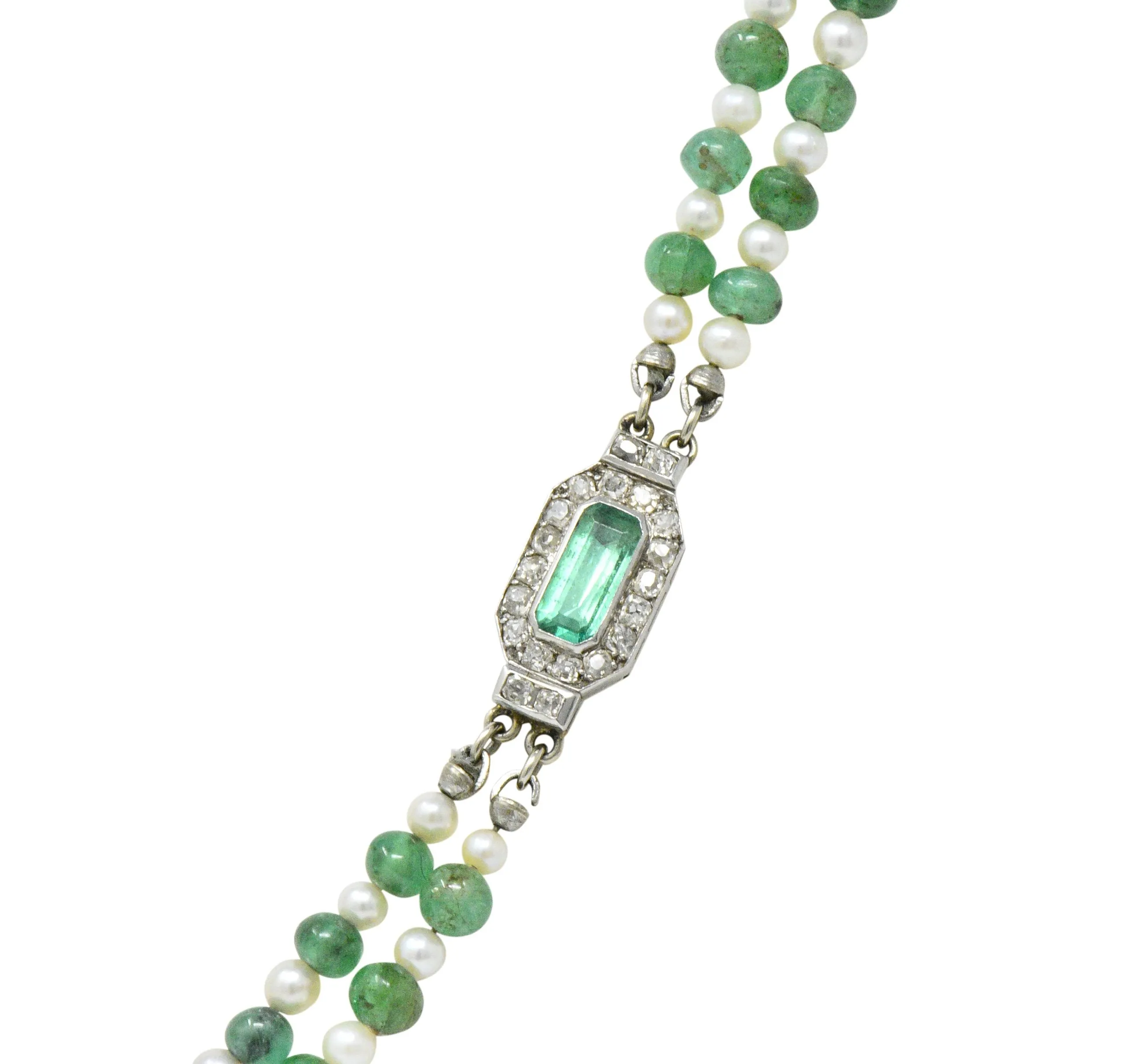 Art deco French necklace platinum emerald pearl double strand.