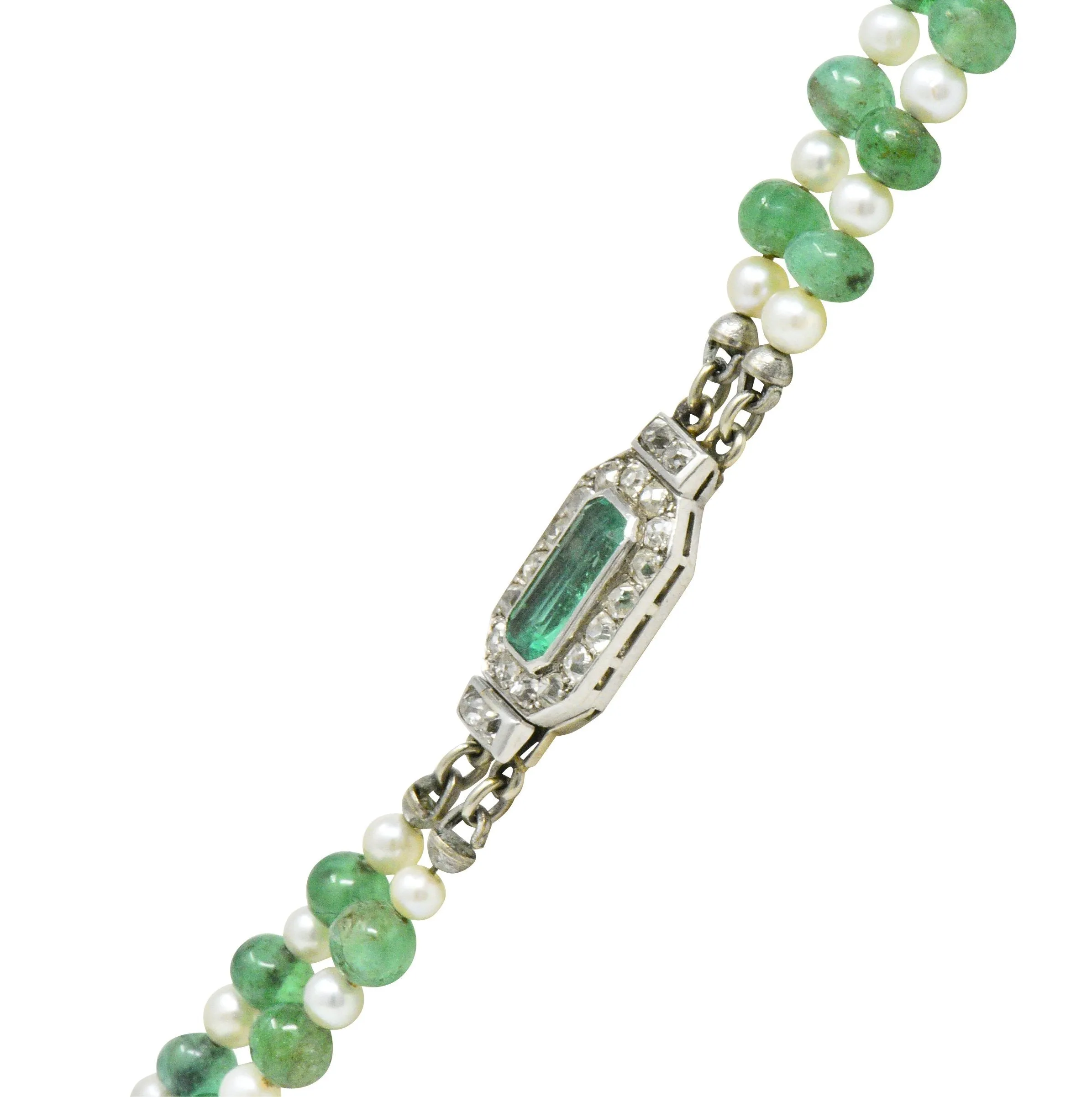 Art deco French necklace platinum emerald pearl double strand.