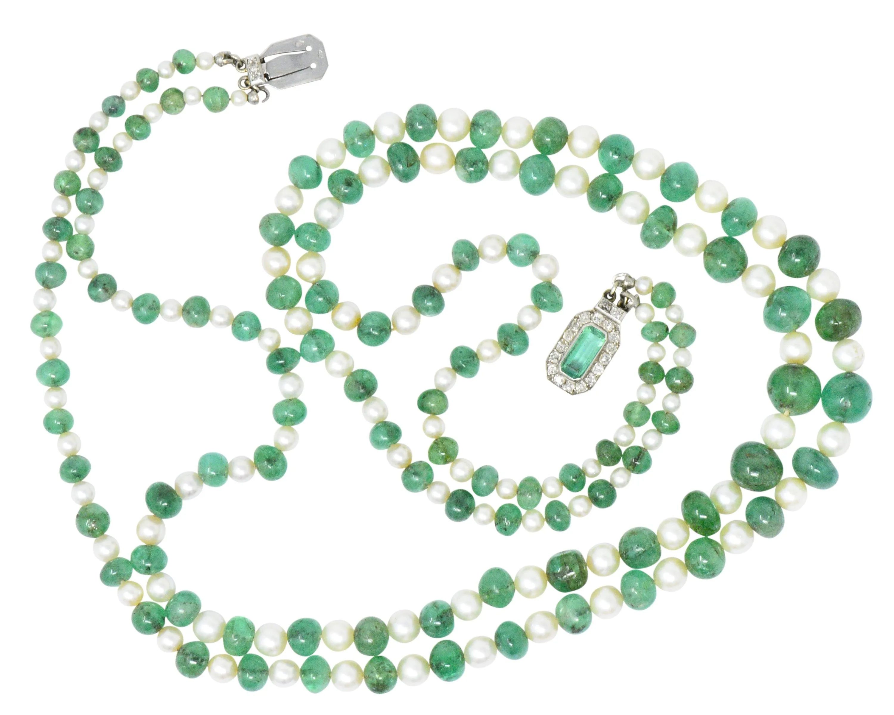 Art deco French necklace platinum emerald pearl double strand.