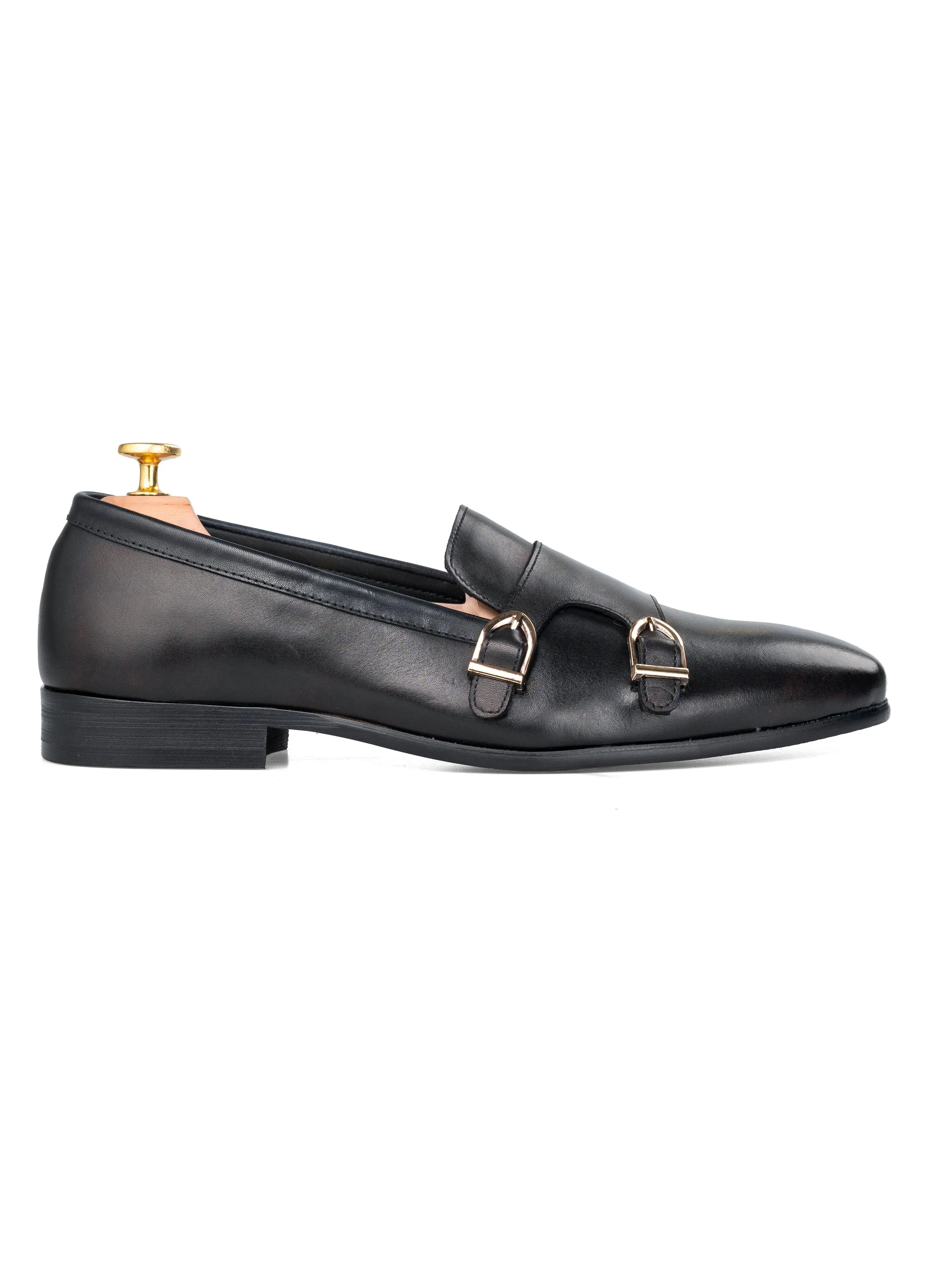 Black Double Monk Strap Loafer Slipper - Alfeo