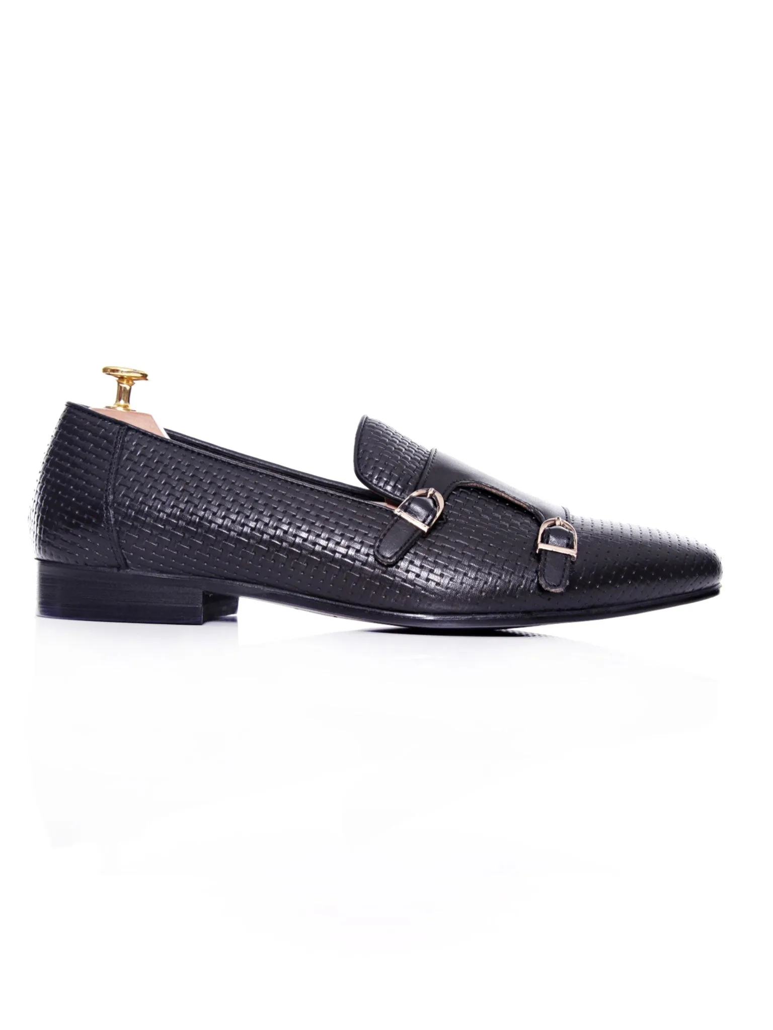 Black Double Monk Strap Loafer Slipper with Woven Leather