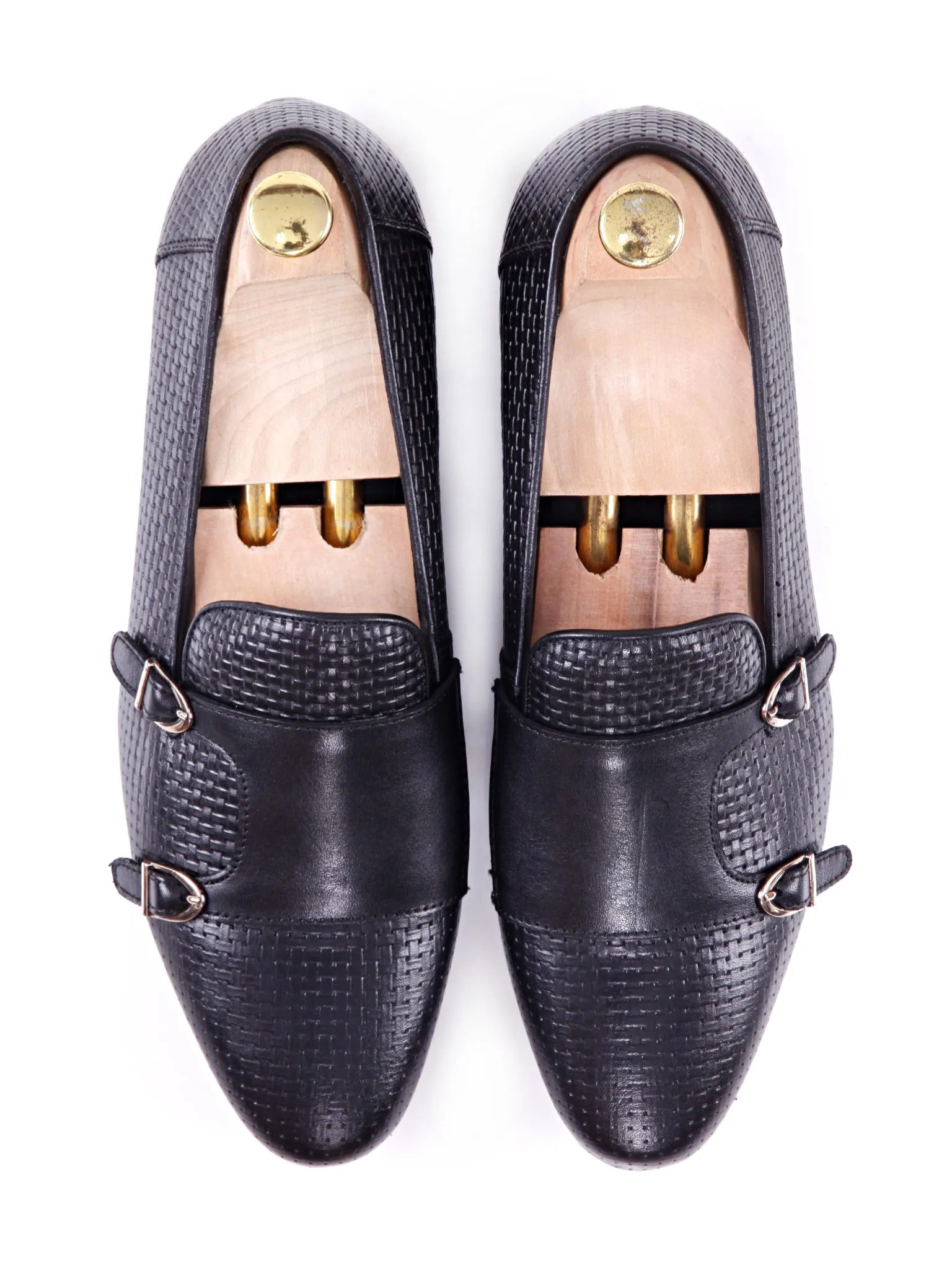 Black Double Monk Strap Loafer Slipper with Woven Leather