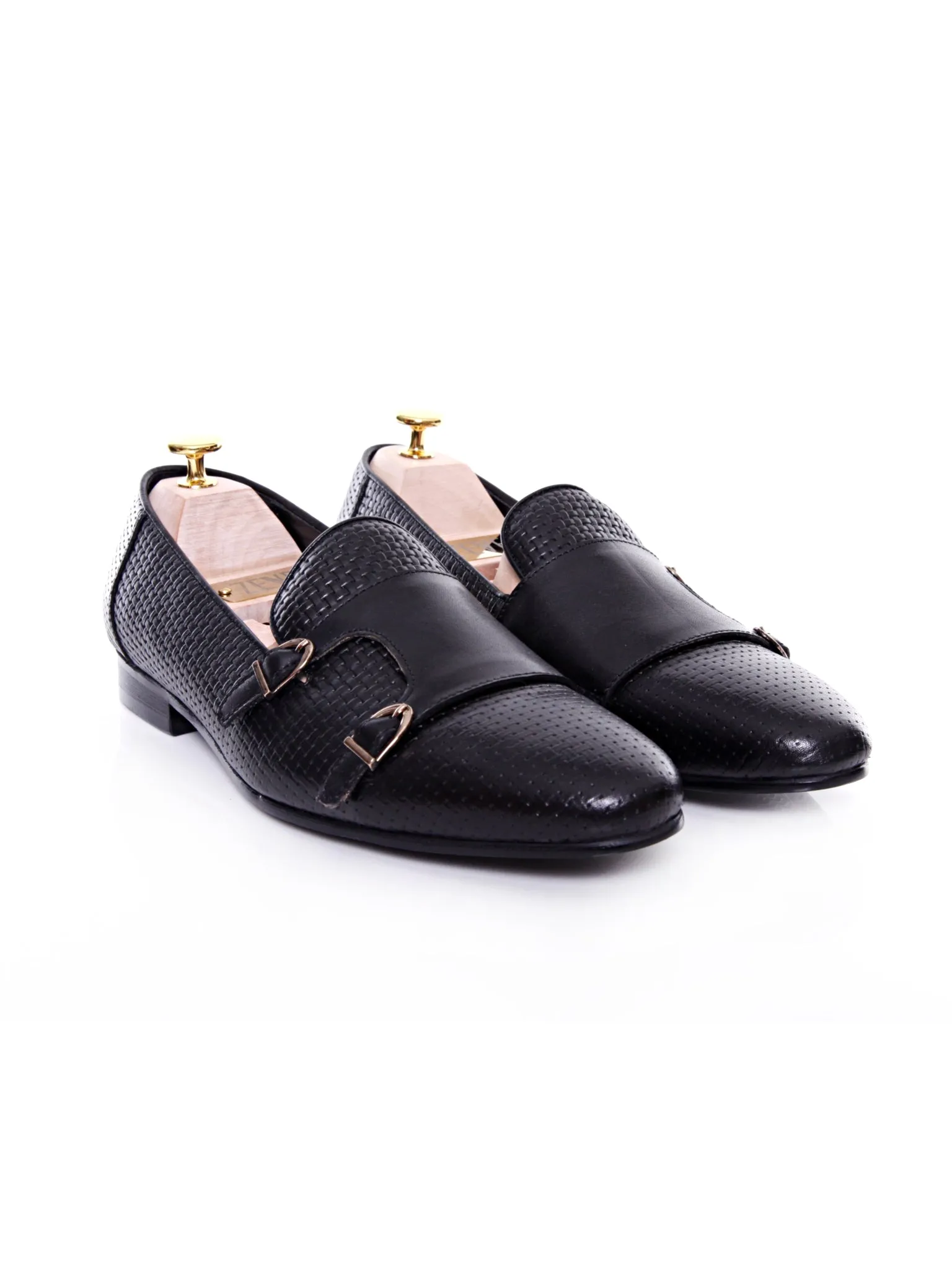 Black Double Monk Strap Loafer Slipper with Woven Leather