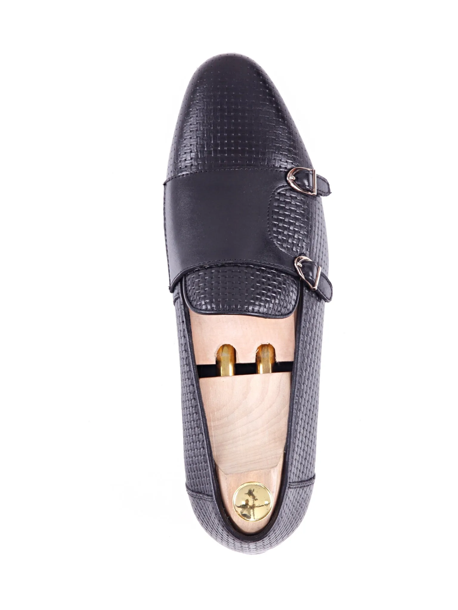 Black Double Monk Strap Loafer Slipper with Woven Leather