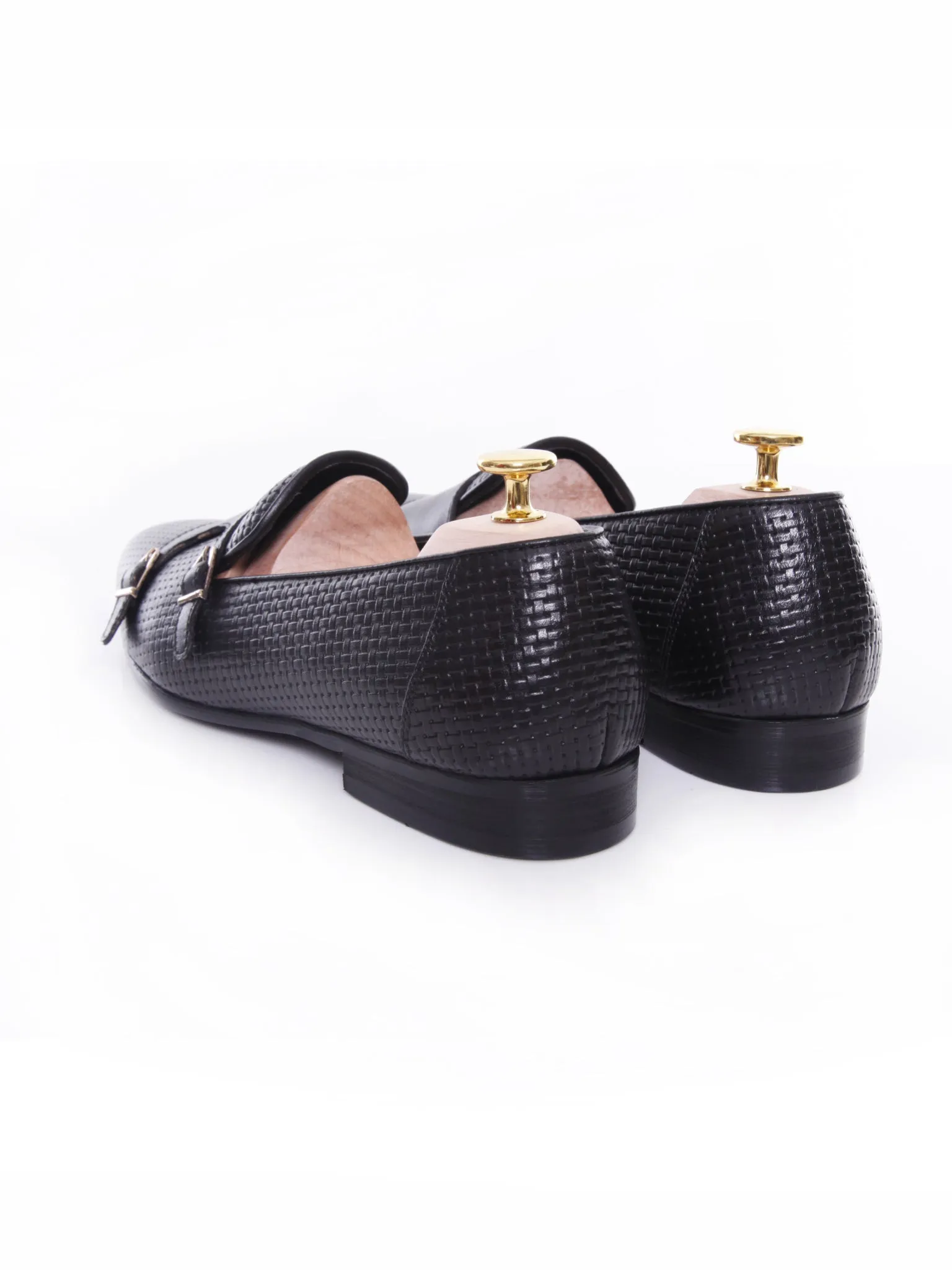 Black Double Monk Strap Loafer Slipper with Woven Leather