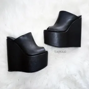 Black Faux Leather Peep Toe Wedge Mules, High Heel