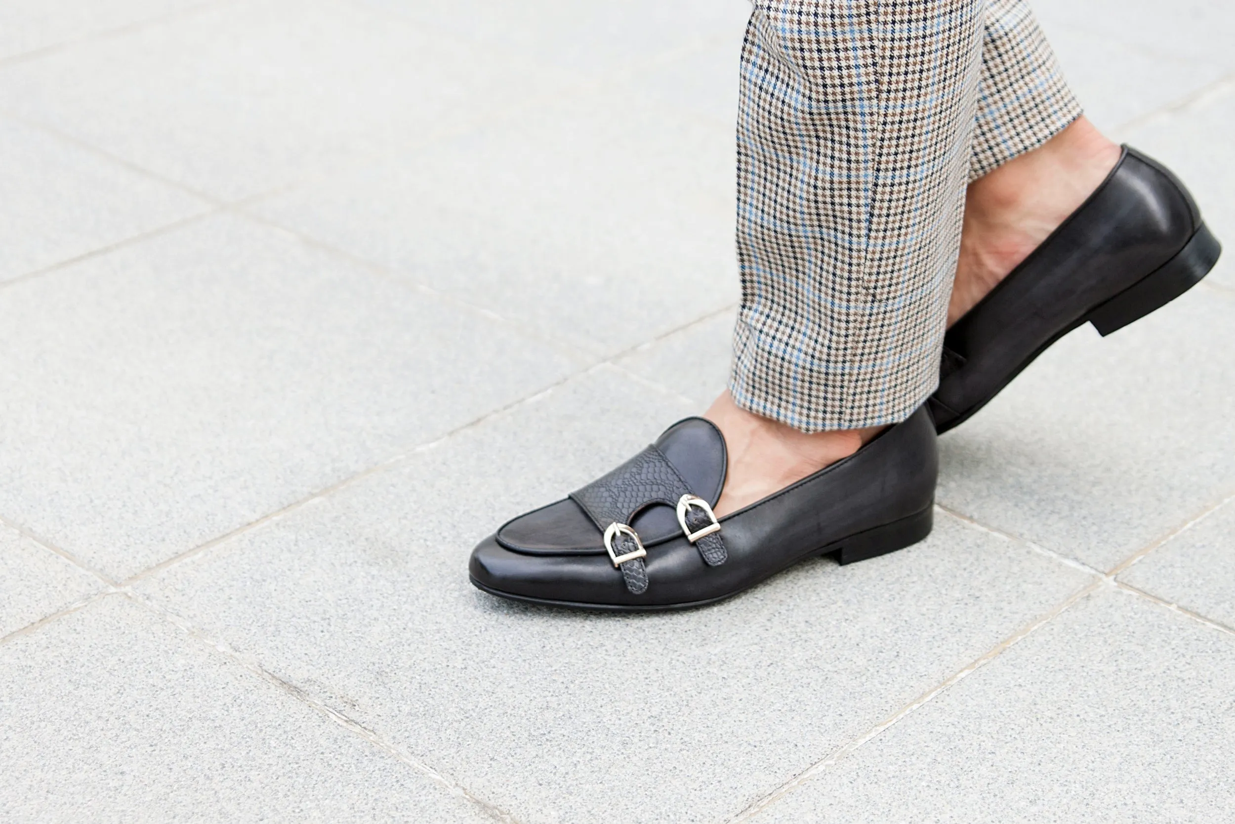 Black Grey Snake Skin Double Monk Strap Belgian Loafer with Hand Painted Patina.