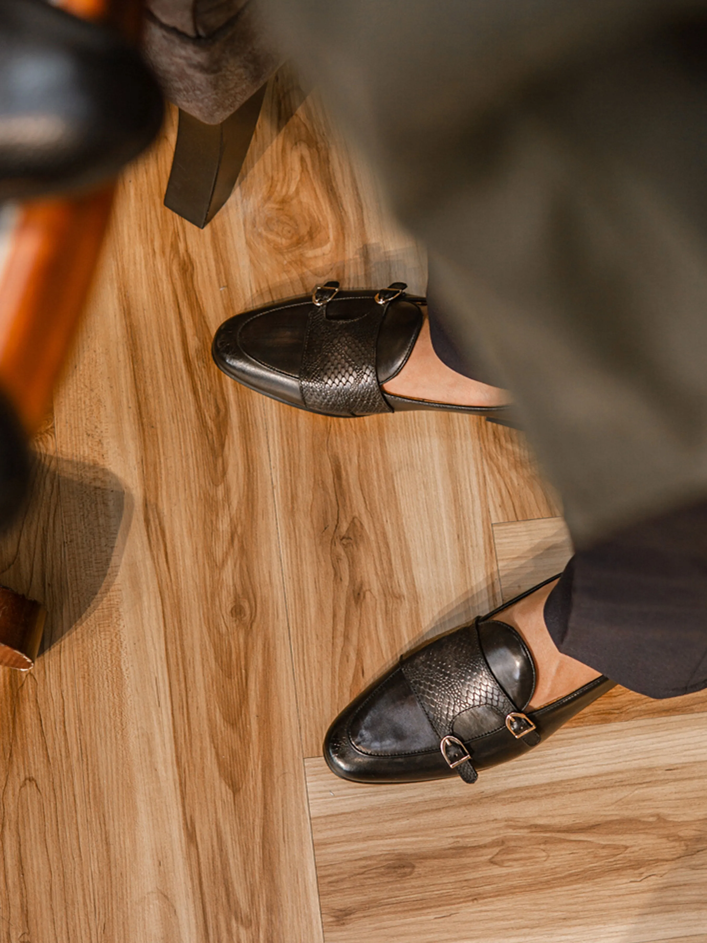 Black Grey Snake Skin Double Monk Strap Belgian Loafer with Hand Painted Patina.