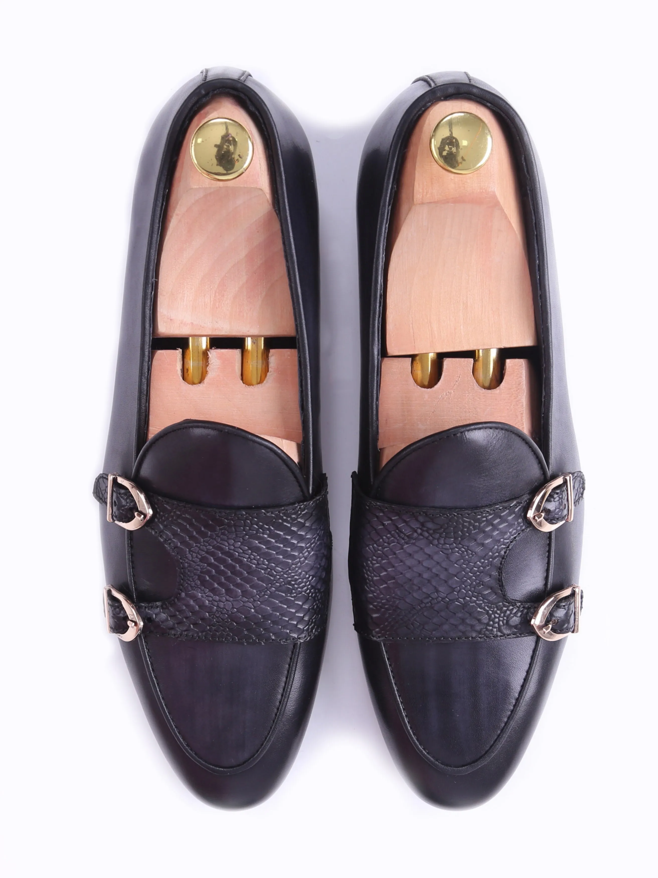 Black Grey Snake Skin Double Monk Strap Belgian Loafer with Hand Painted Patina.