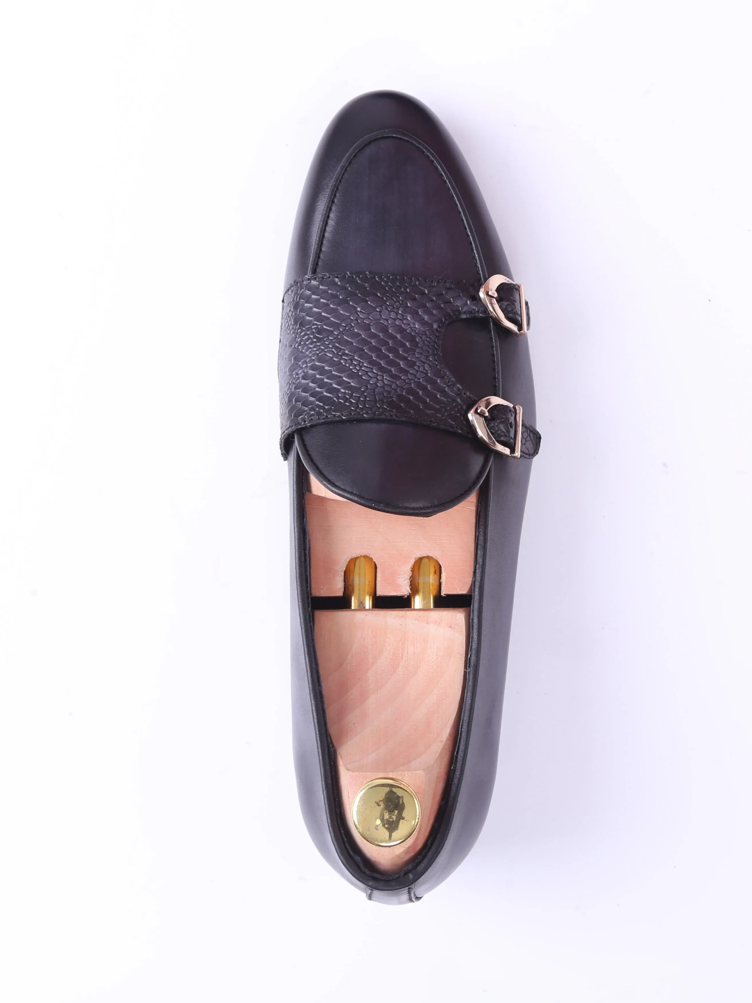 Black Grey Snake Skin Double Monk Strap Belgian Loafer with Hand Painted Patina.