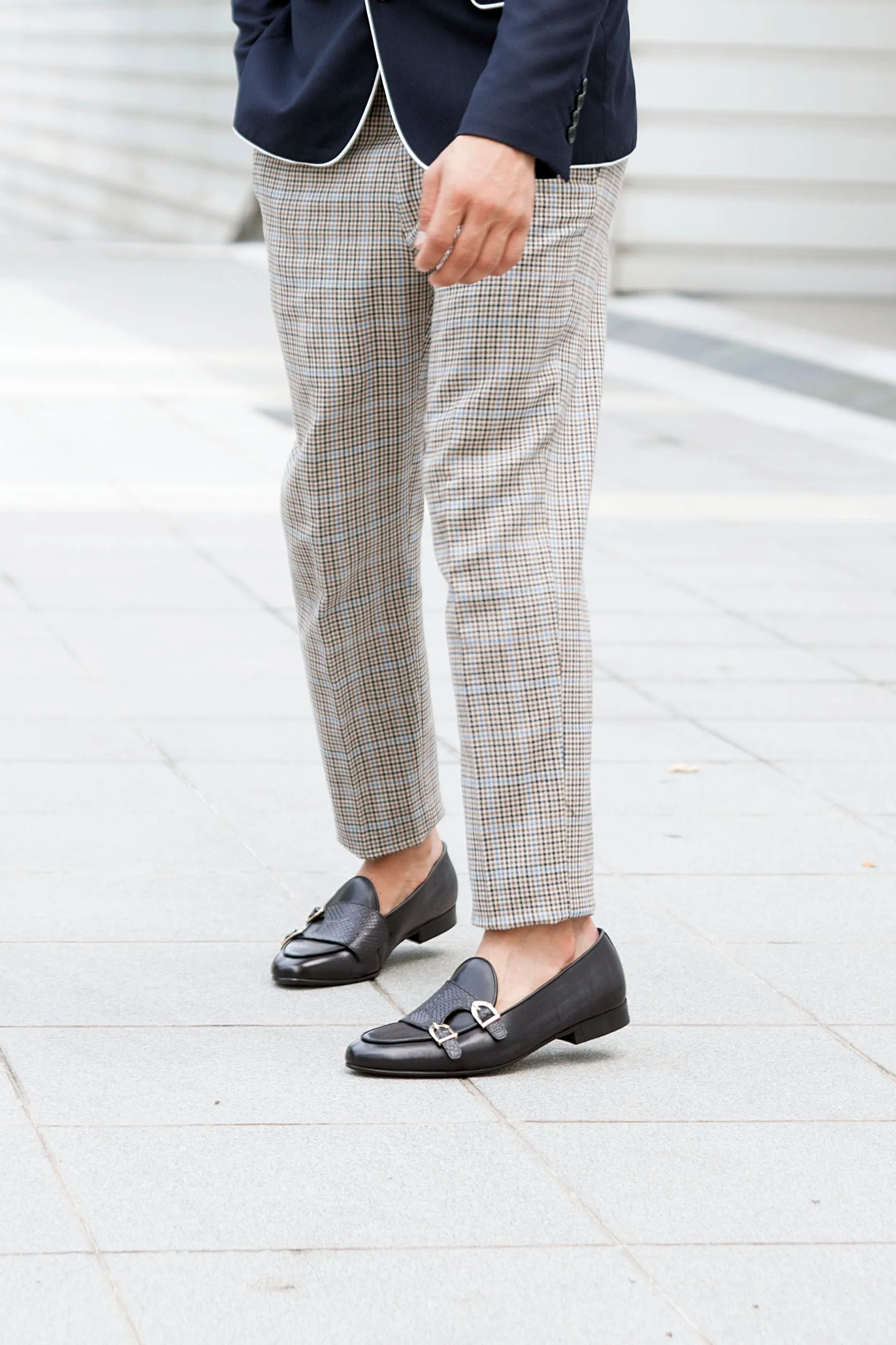 Black Grey Snake Skin Double Monk Strap Belgian Loafer with Hand Painted Patina.