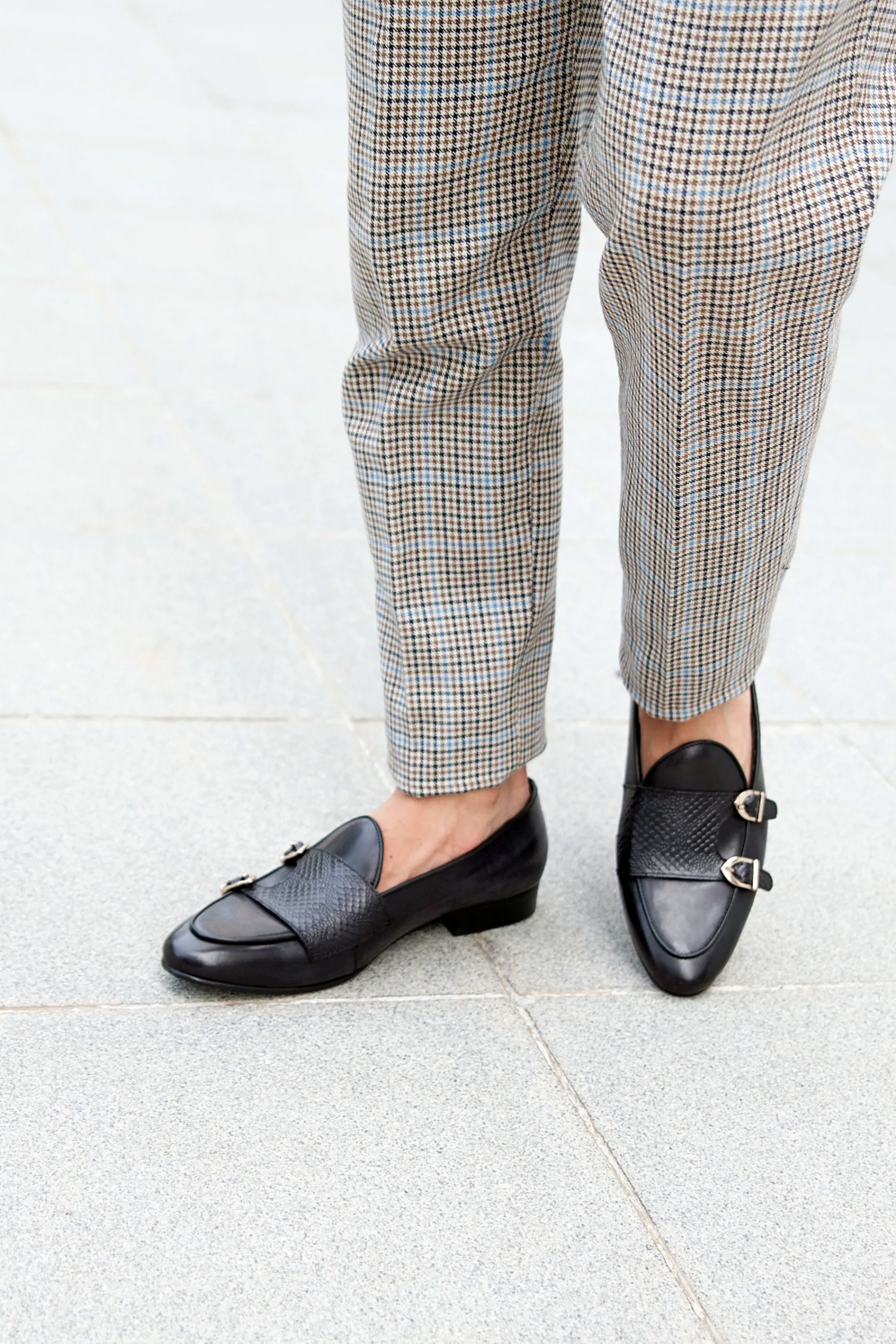 Black Grey Snake Skin Double Monk Strap Belgian Loafer with Hand Painted Patina.