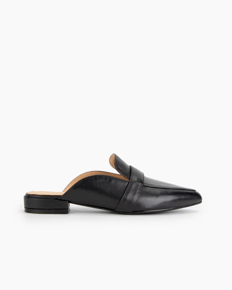 Black Leather Flat Mules