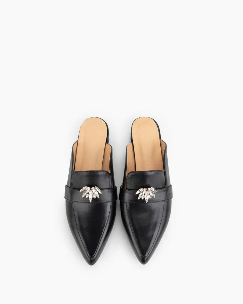 Black Leather Flat Mules