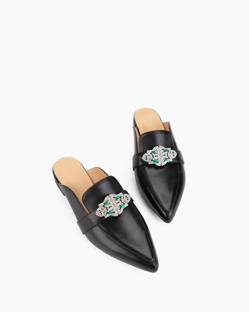 Black Leather Flat Mules