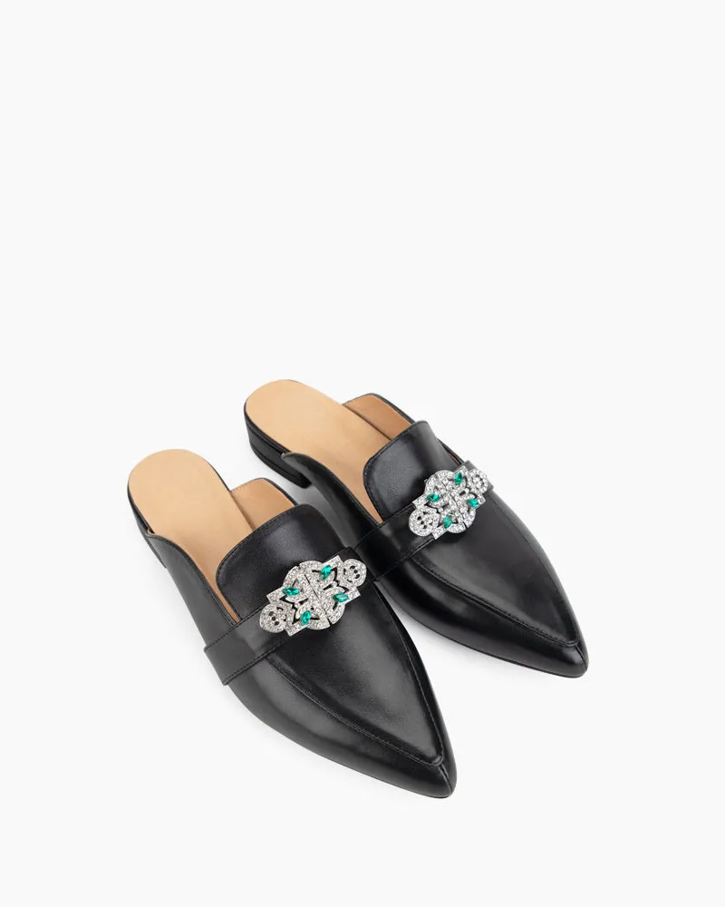 Black Leather Flat Mules