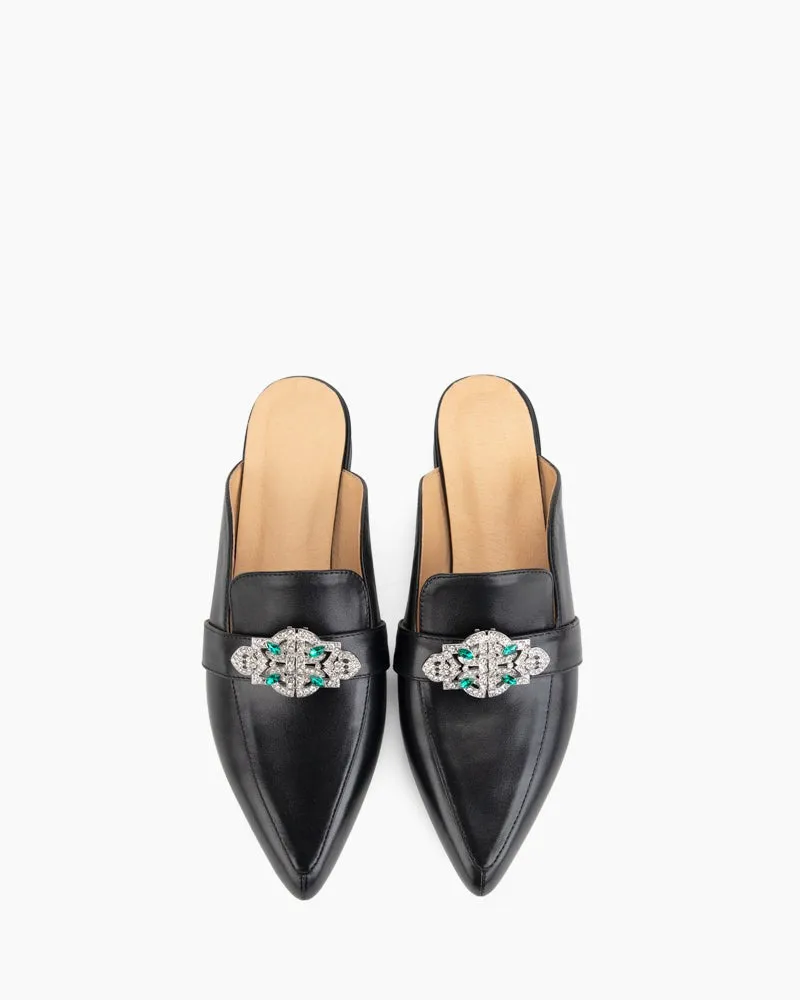 Black Leather Flat Mules